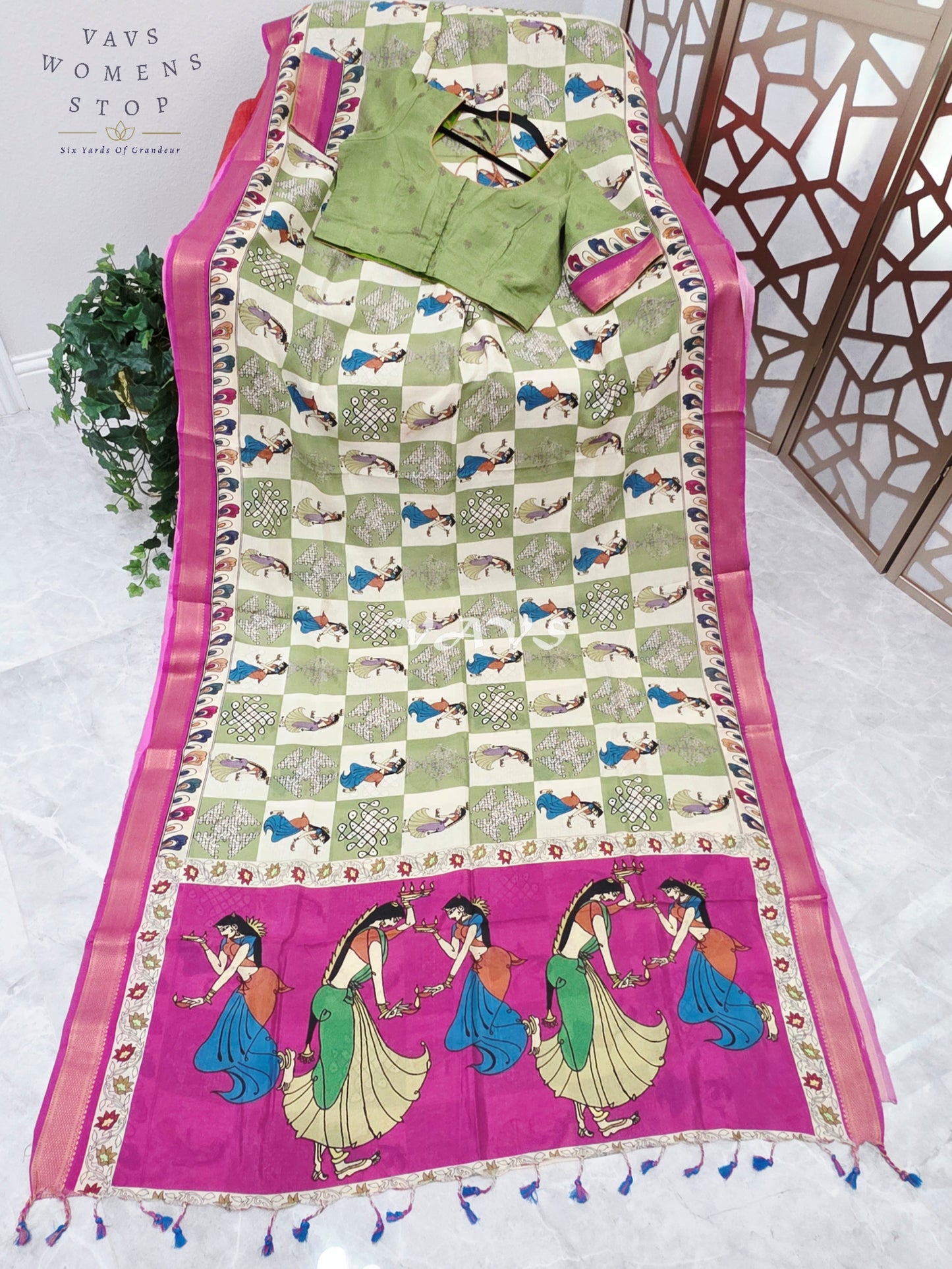 Regal Sage Green & Pearl Ivory Kalamkari Silk Saree with Rani Pink Nizam Border & Stitched Blouse Size 42-48