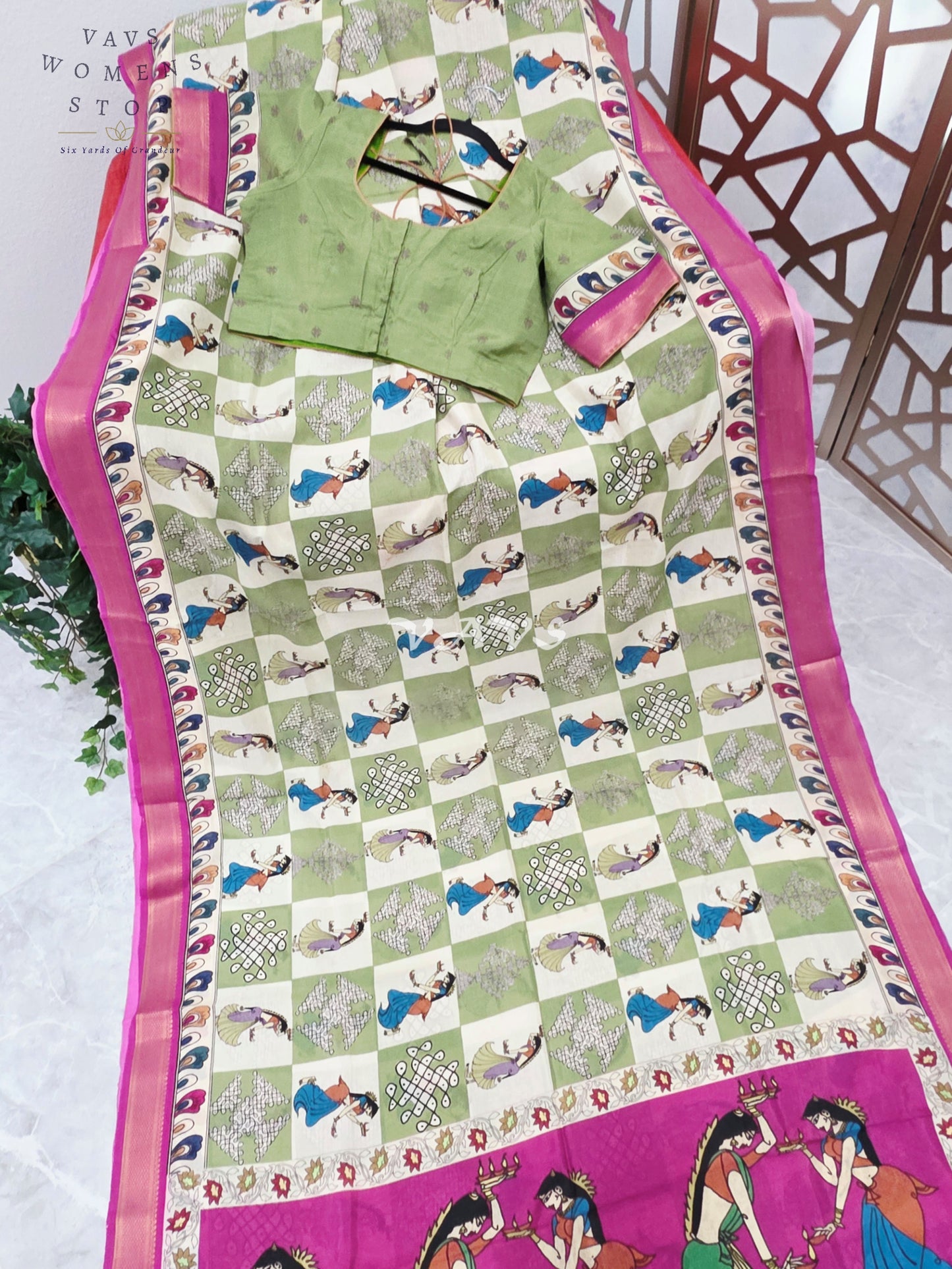 Regal Sage Green & Pearl Ivory Kalamkari Silk Saree with Rani Pink Nizam Border & Stitched Blouse Size 42-48