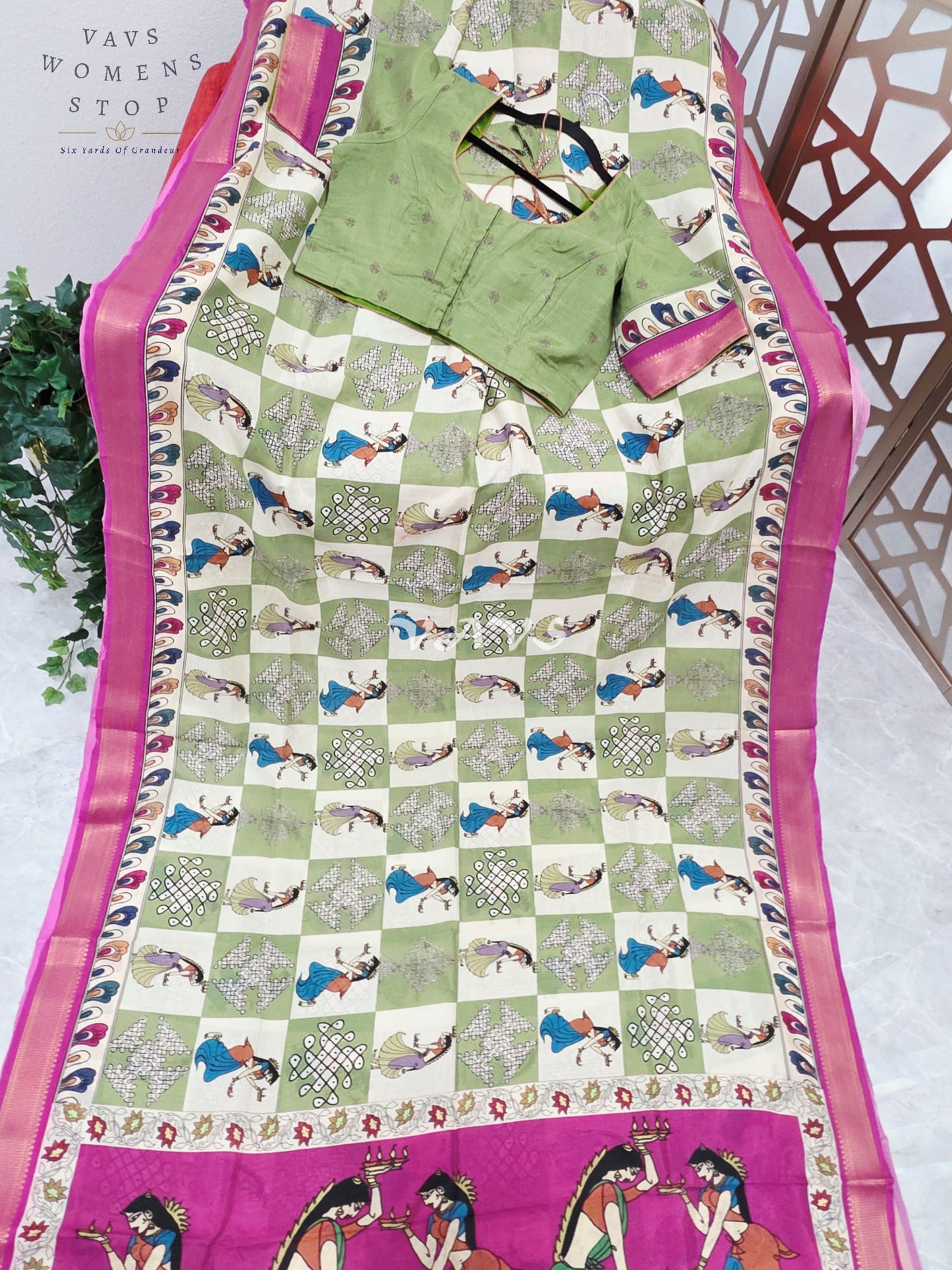 Regal Sage Green & Pearl Ivory Kalamkari Silk Saree with Rani Pink Nizam Border & Stitched Blouse Size 42-48