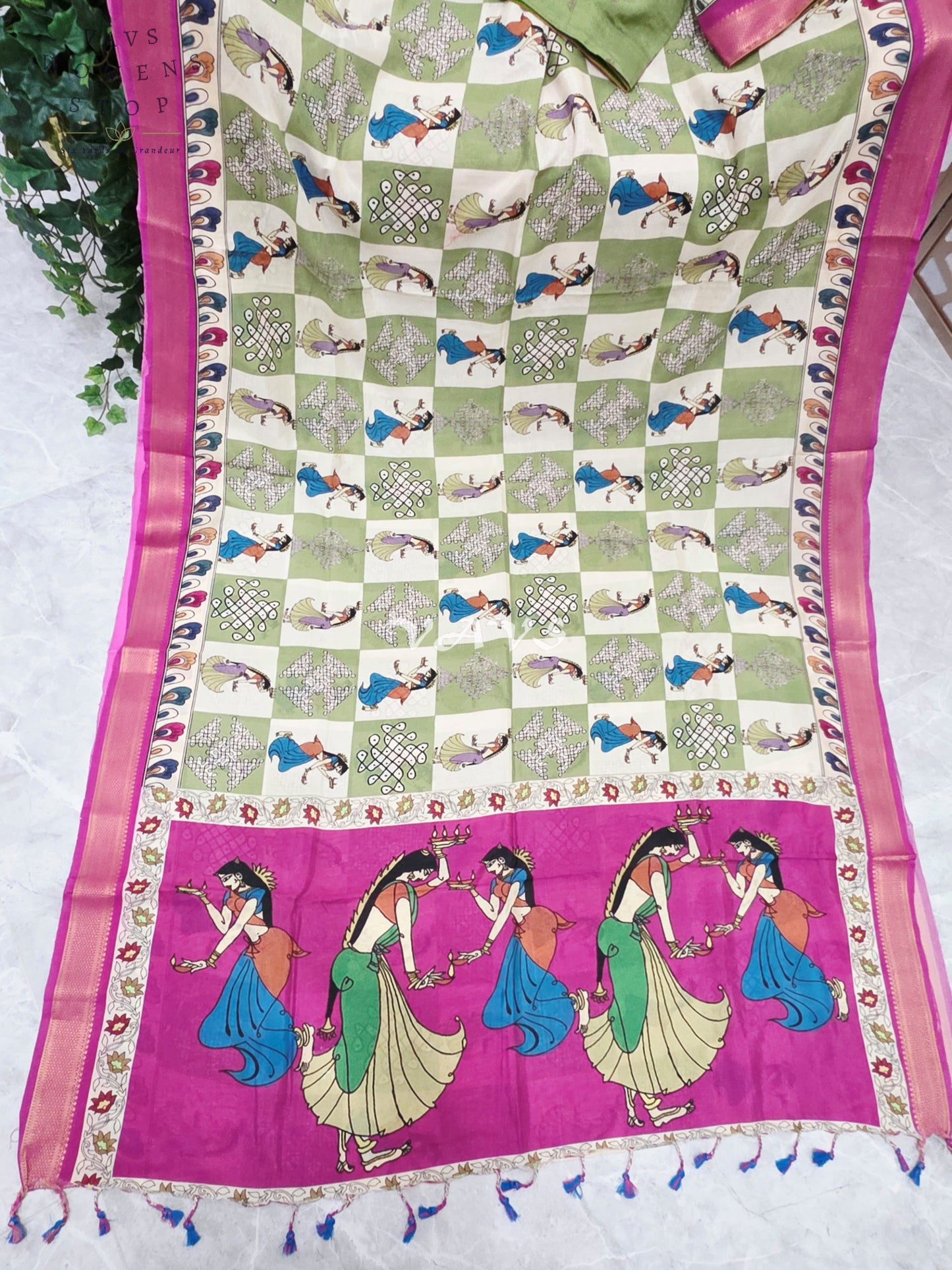 Regal Sage Green & Pearl Ivory Kalamkari Silk Saree with Rani Pink Nizam Border & Stitched Blouse Size 42-48