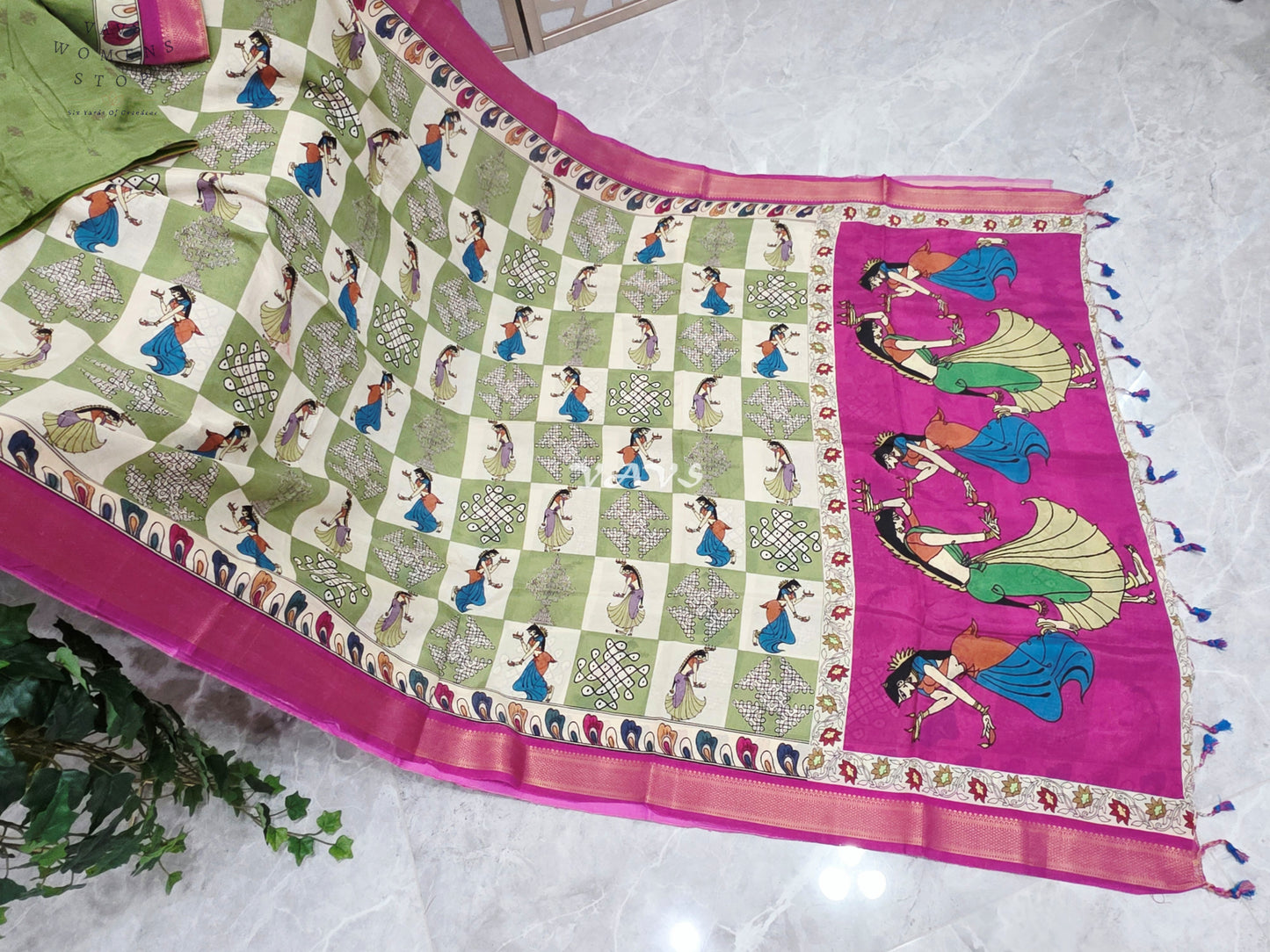 Regal Sage Green & Pearl Ivory Kalamkari Silk Saree with Rani Pink Nizam Border & Stitched Blouse Size 42-48