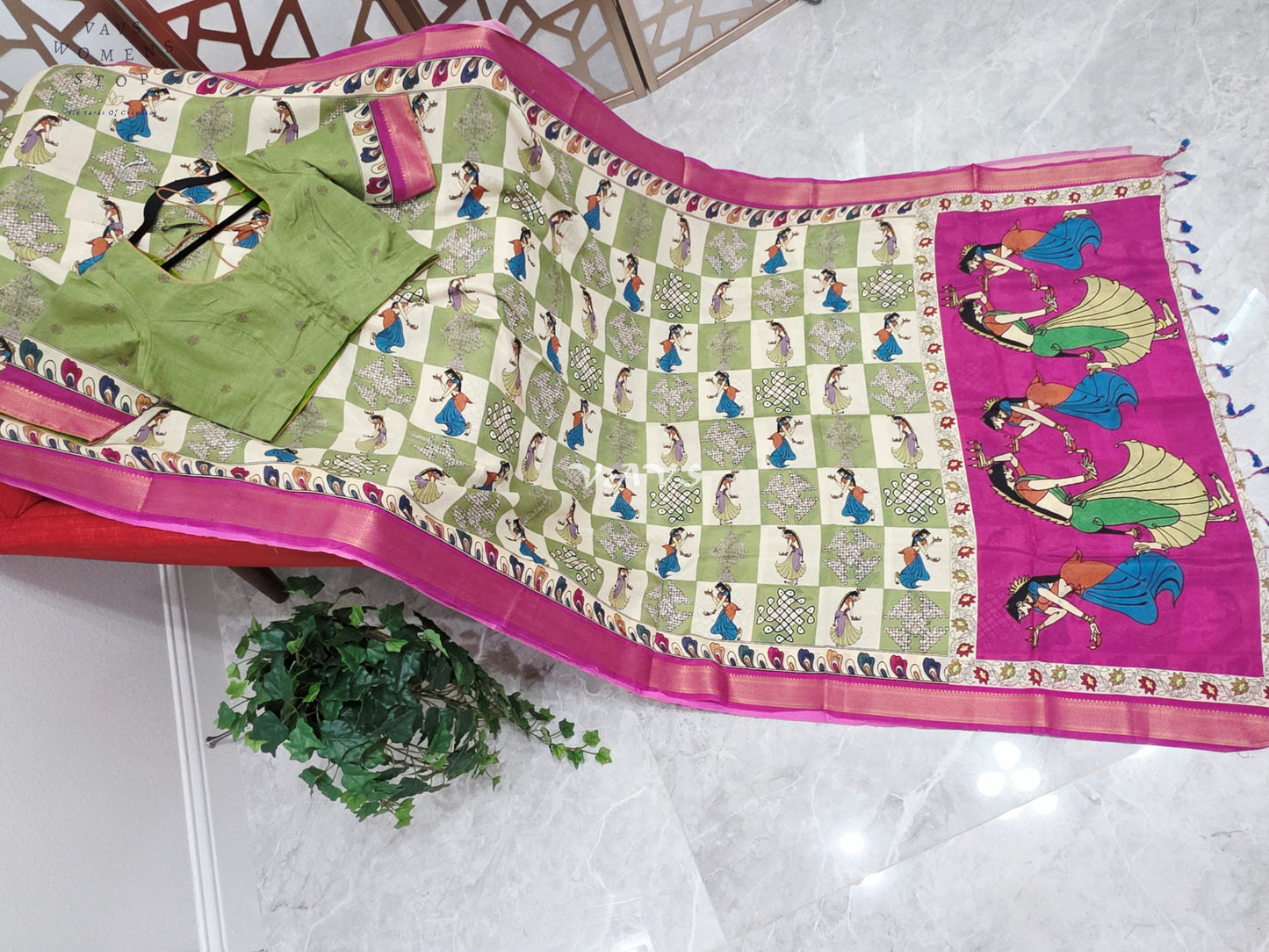 Regal Sage Green & Pearl Ivory Kalamkari Silk Saree with Rani Pink Nizam Border & Stitched Blouse Size 42-48