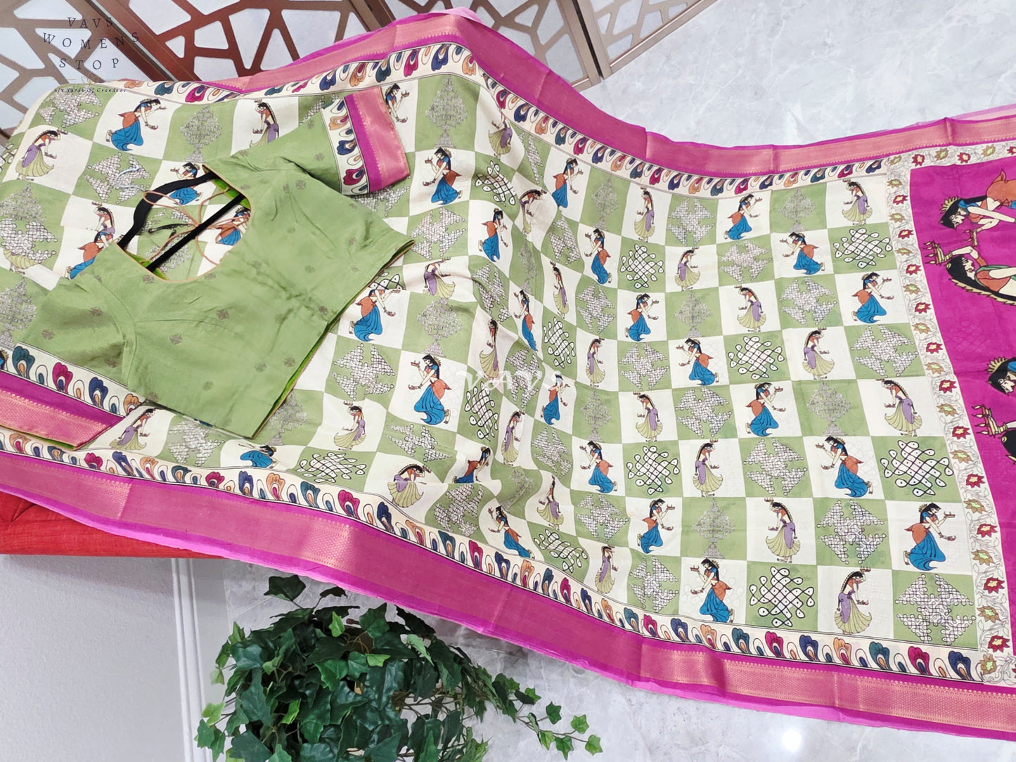 Regal Sage Green & Pearl Ivory Kalamkari Silk Saree with Rani Pink Nizam Border & Stitched Blouse Size 42-48