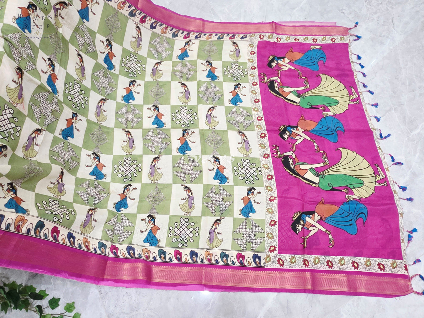 Regal Sage Green & Pearl Ivory Kalamkari Silk Saree with Rani Pink Nizam Border & Stitched Blouse Size 42-48