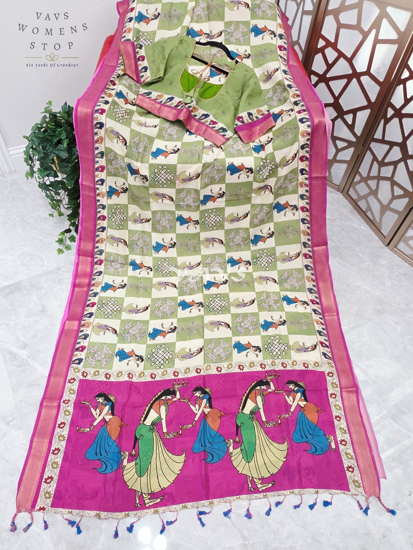 Regal Sage Green & Pearl Ivory Kalamkari Silk Saree with Rani Pink Nizam Border & Stitched Blouse Size 42-48