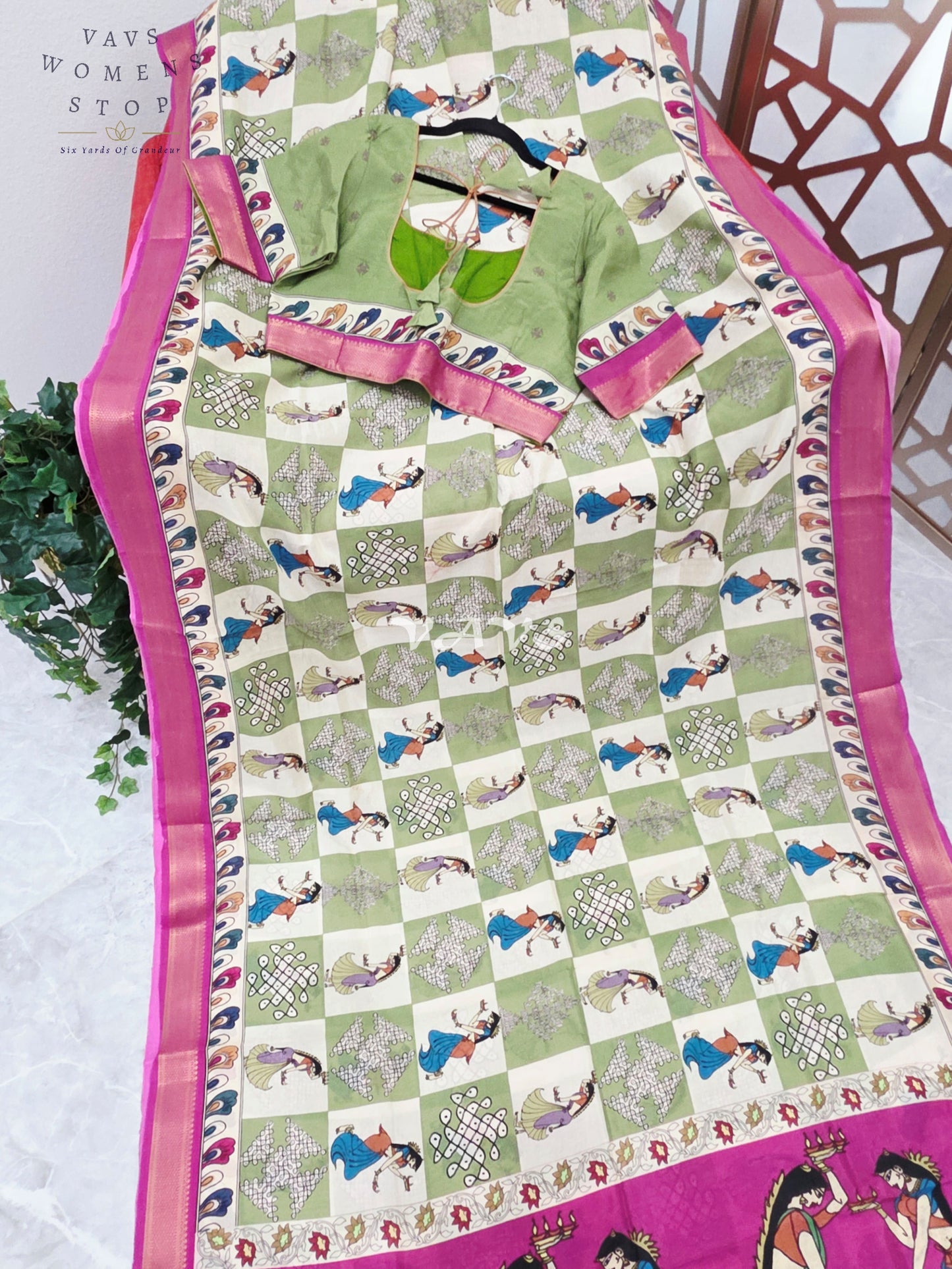 Regal Sage Green & Pearl Ivory Kalamkari Silk Saree with Rani Pink Nizam Border & Stitched Blouse Size 42-48