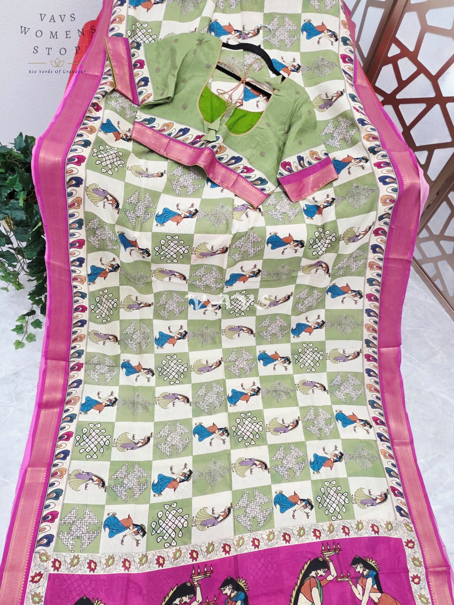 Regal Sage Green & Pearl Ivory Kalamkari Silk Saree with Rani Pink Nizam Border & Stitched Blouse Size 42-48