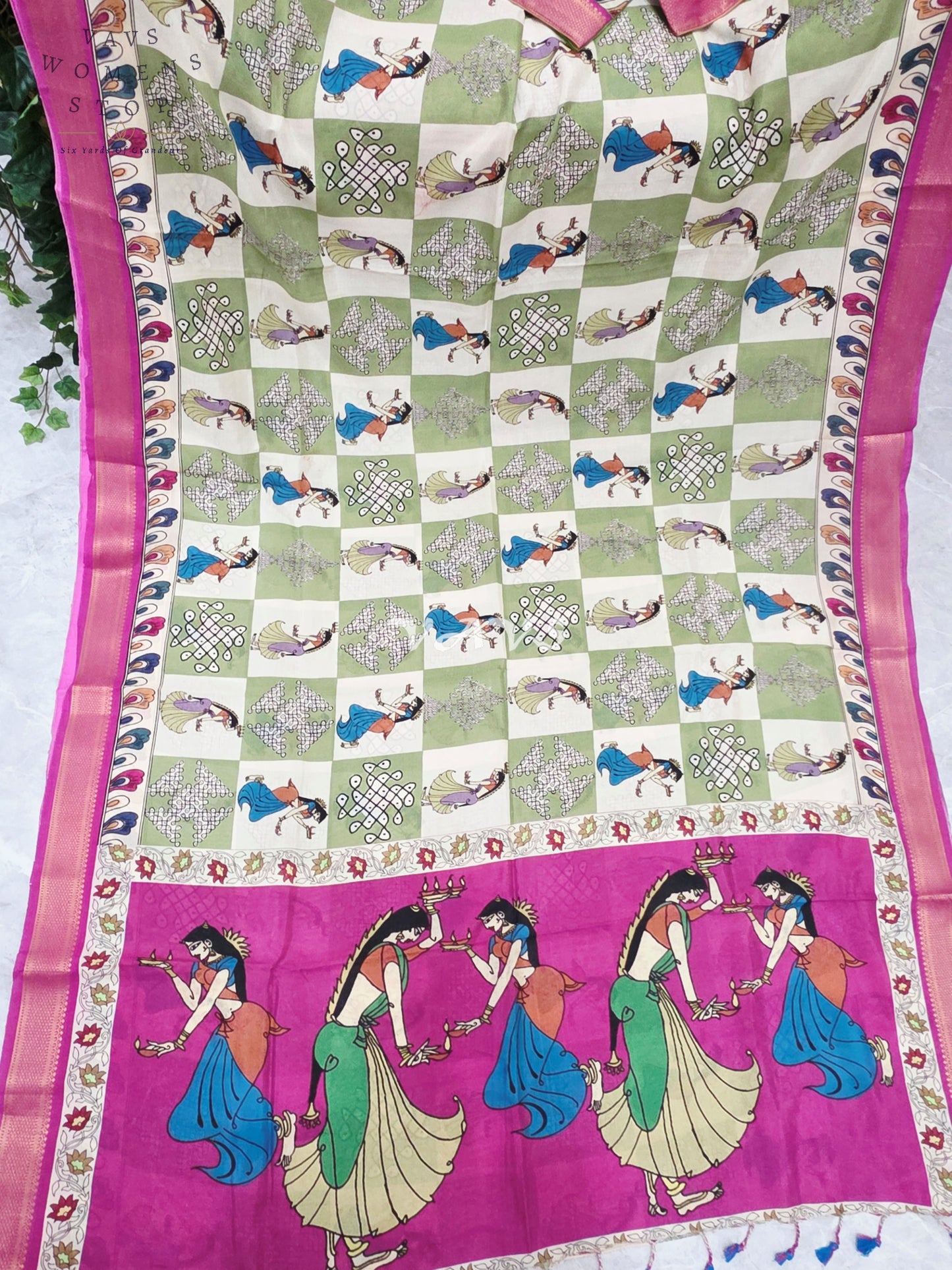 Regal Sage Green & Pearl Ivory Kalamkari Silk Saree with Rani Pink Nizam Border & Stitched Blouse Size 42-48