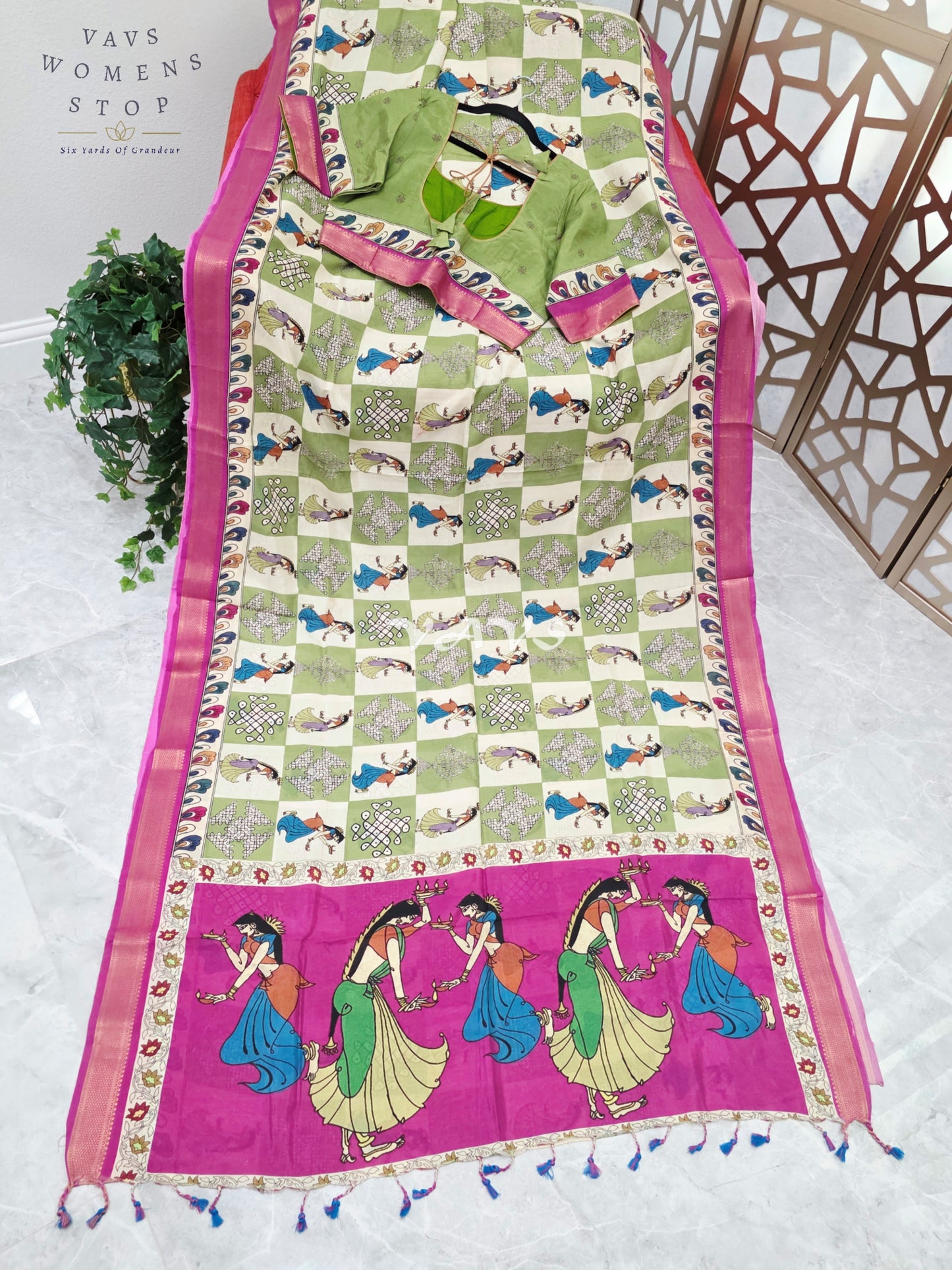 Regal Sage Green & Pearl Ivory Kalamkari Silk Saree with Rani Pink Nizam Border & Stitched Blouse Size 42-48
