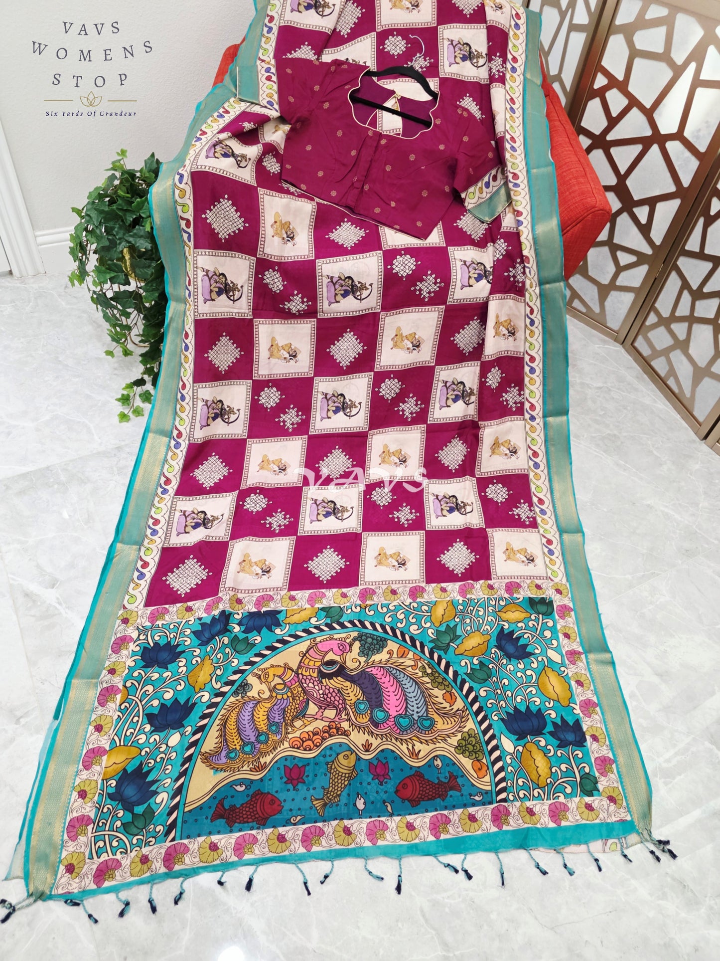 Regal Wine & Pearl Ivory Kalamkari Silk Saree with Light Aqua Blue Nizam Border & Wine Stitched Blouse Size 36-42