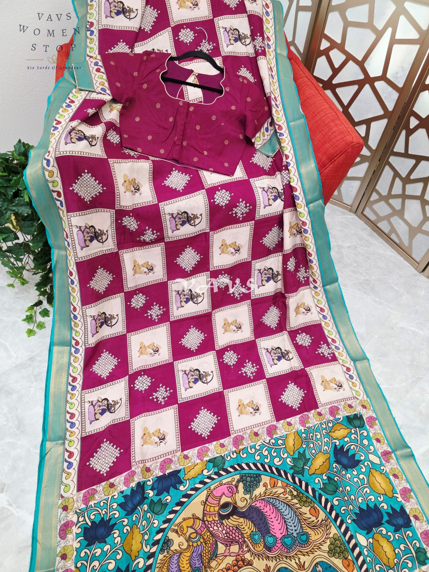 Regal Wine & Pearl Ivory Kalamkari Silk Saree with Light Aqua Blue Nizam Border & Wine Stitched Blouse Size 36-42