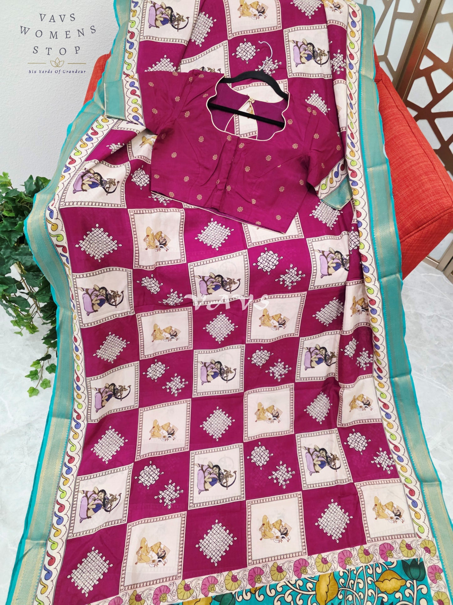 Regal Wine & Pearl Ivory Kalamkari Silk Saree with Light Aqua Blue Nizam Border & Wine Stitched Blouse Size 36-42