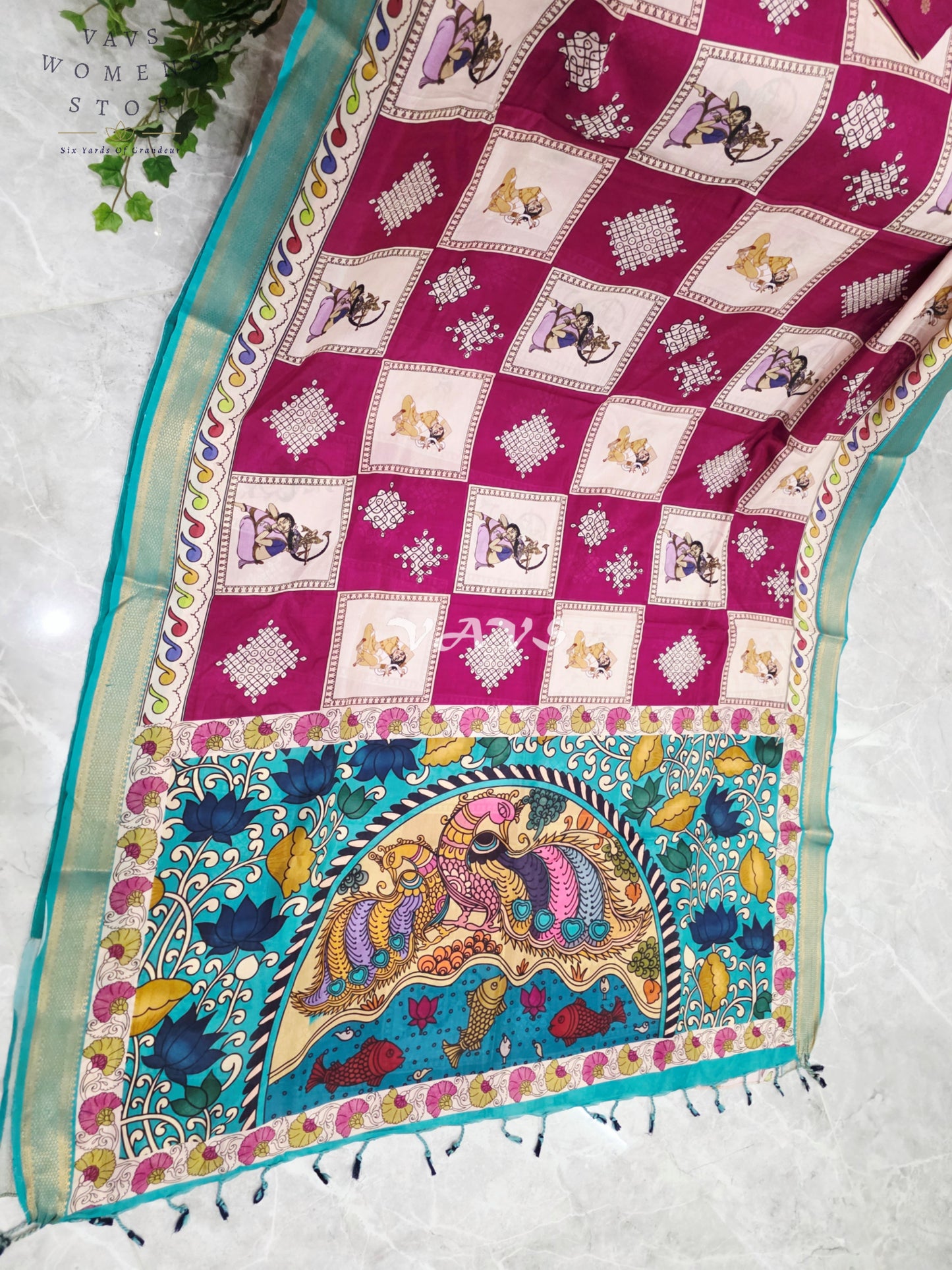 Regal Wine & Pearl Ivory Kalamkari Silk Saree with Light Aqua Blue Nizam Border & Wine Stitched Blouse Size 36-42
