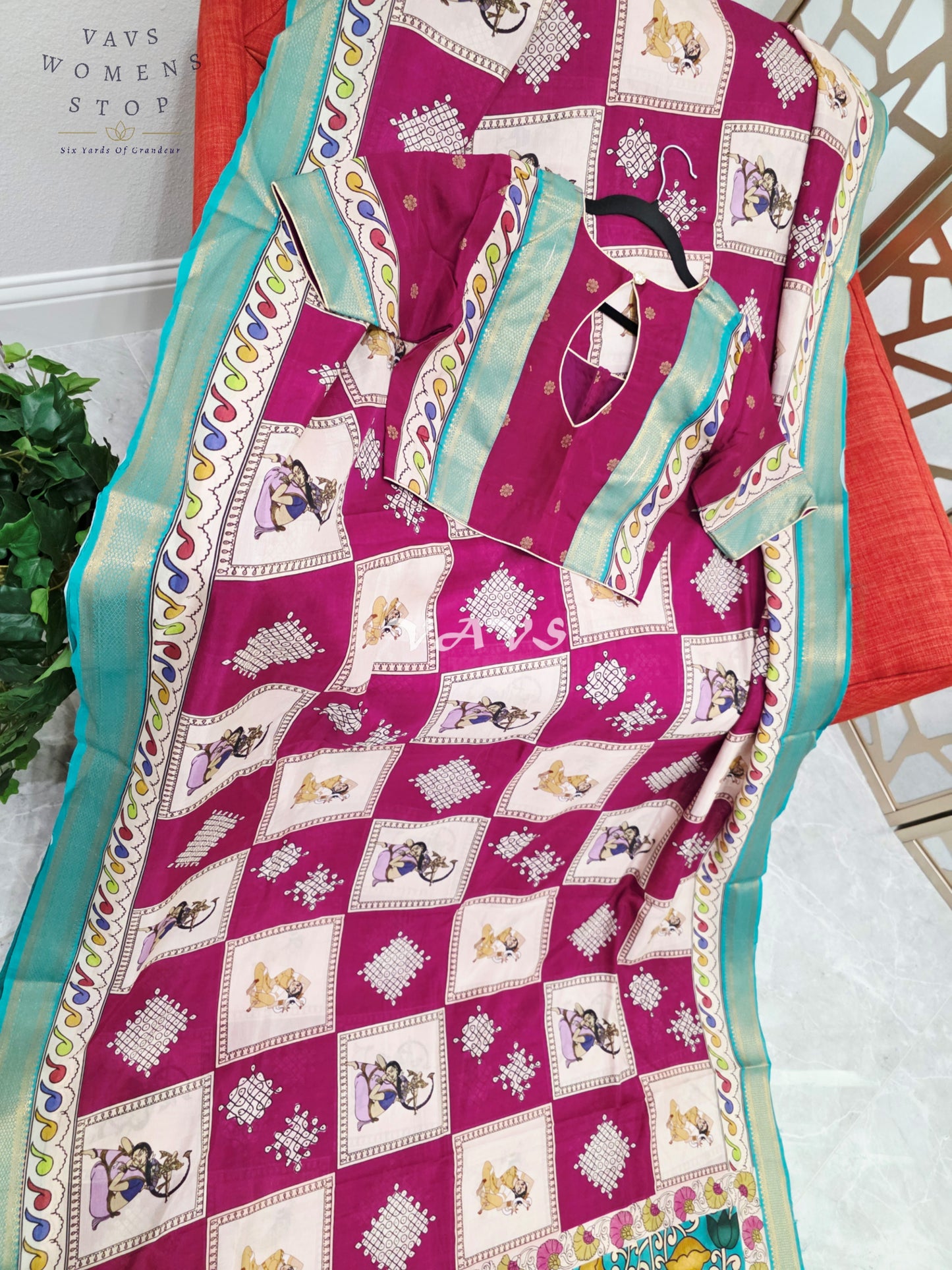 Regal Wine & Pearl Ivory Kalamkari Silk Saree with Light Aqua Blue Nizam Border & Wine Stitched Blouse Size 36-42