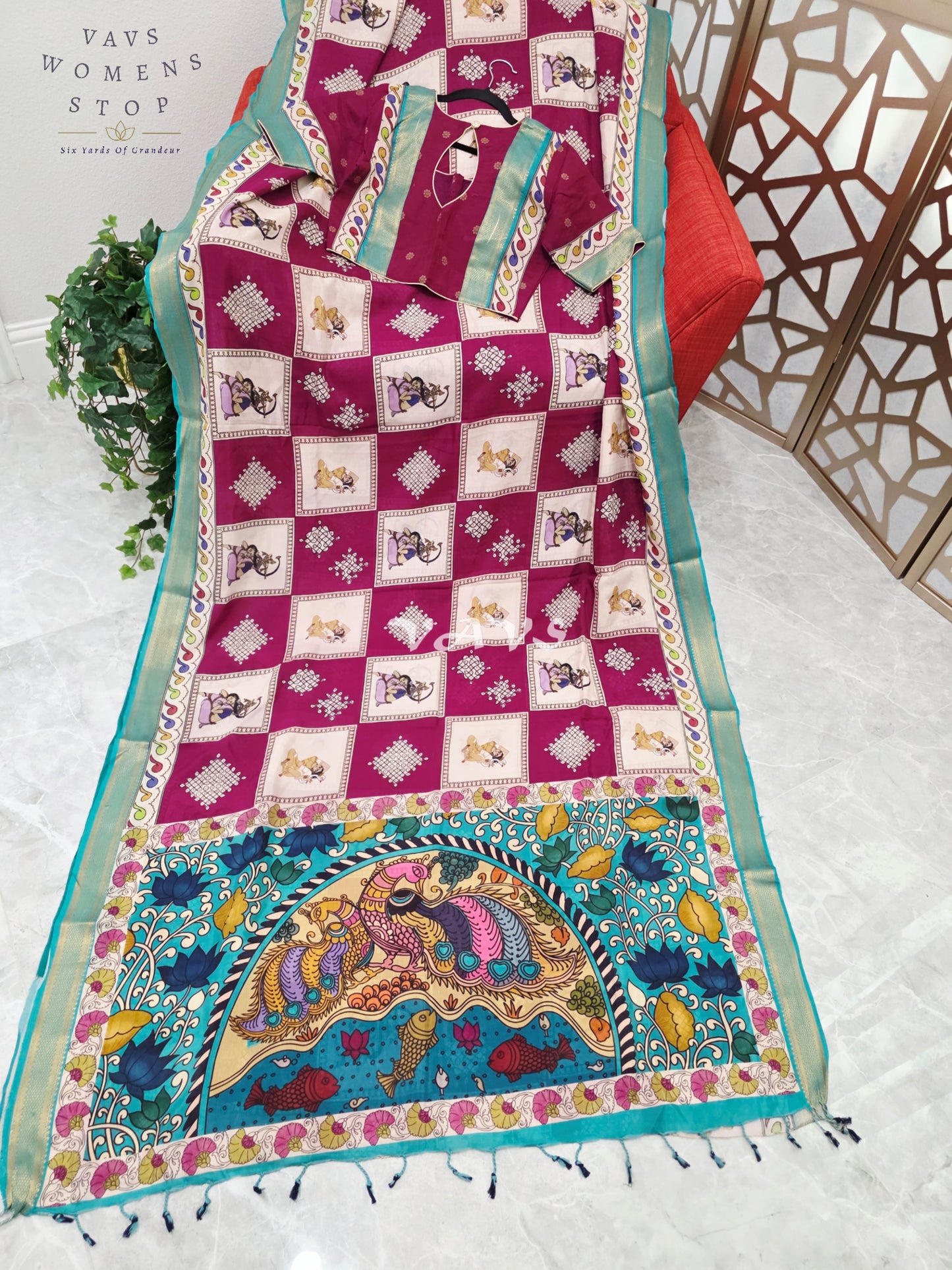 Regal Wine & Pearl Ivory Kalamkari Silk Saree with Light Aqua Blue Nizam Border & Wine Stitched Blouse Size 36-42