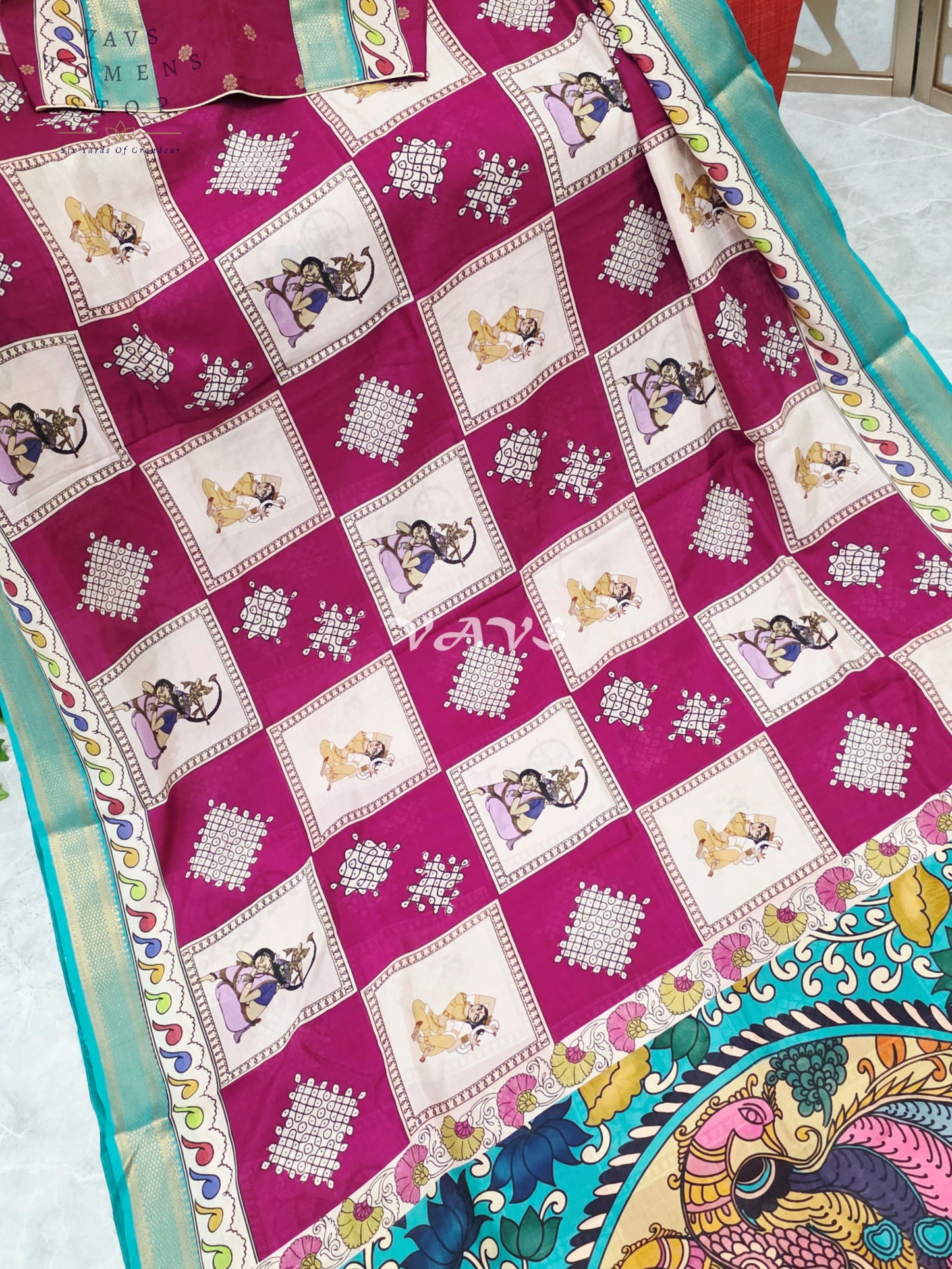 Regal Wine & Pearl Ivory Kalamkari Silk Saree with Light Aqua Blue Nizam Border & Wine Stitched Blouse Size 36-42