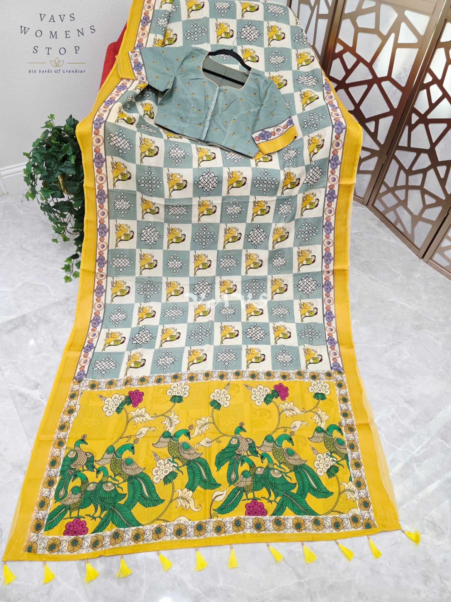Regal Mist Blue & Pearl Ivory Kalamkari Silk Saree with Sunflower Yellow Nizam Border & Stitched Blouse Size 40-46