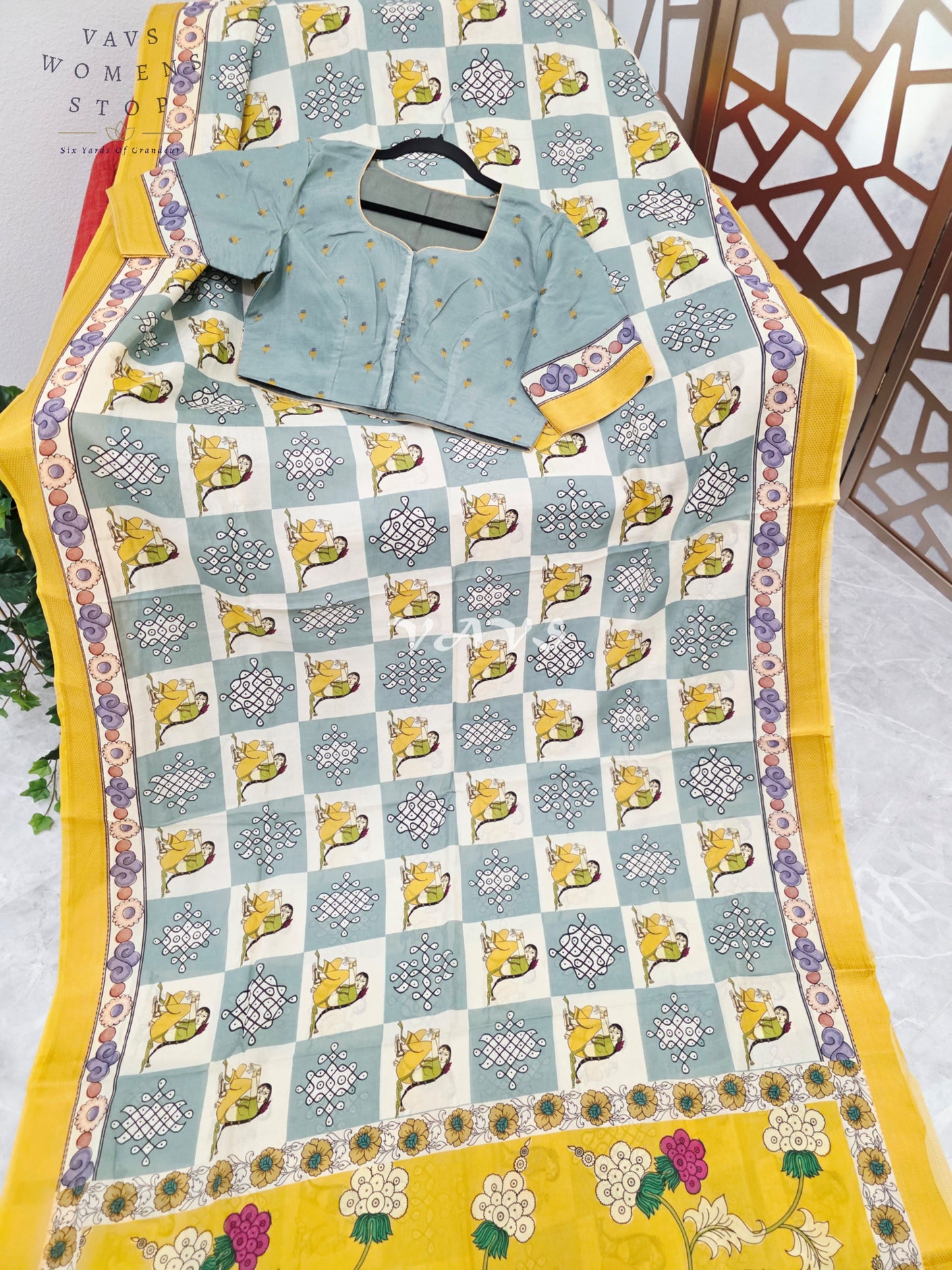 Regal Mist Blue & Pearl Ivory Kalamkari Silk Saree with Sunflower Yellow Nizam Border & Stitched Blouse Size 40-46