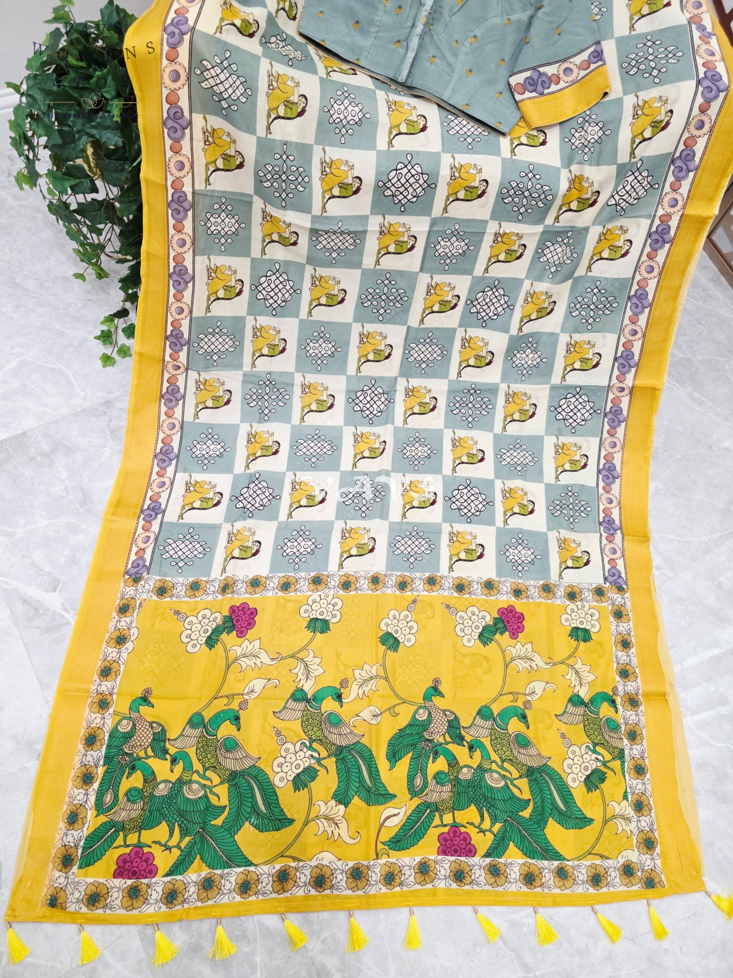 Regal Mist Blue & Pearl Ivory Kalamkari Silk Saree with Sunflower Yellow Nizam Border & Stitched Blouse Size 40-46
