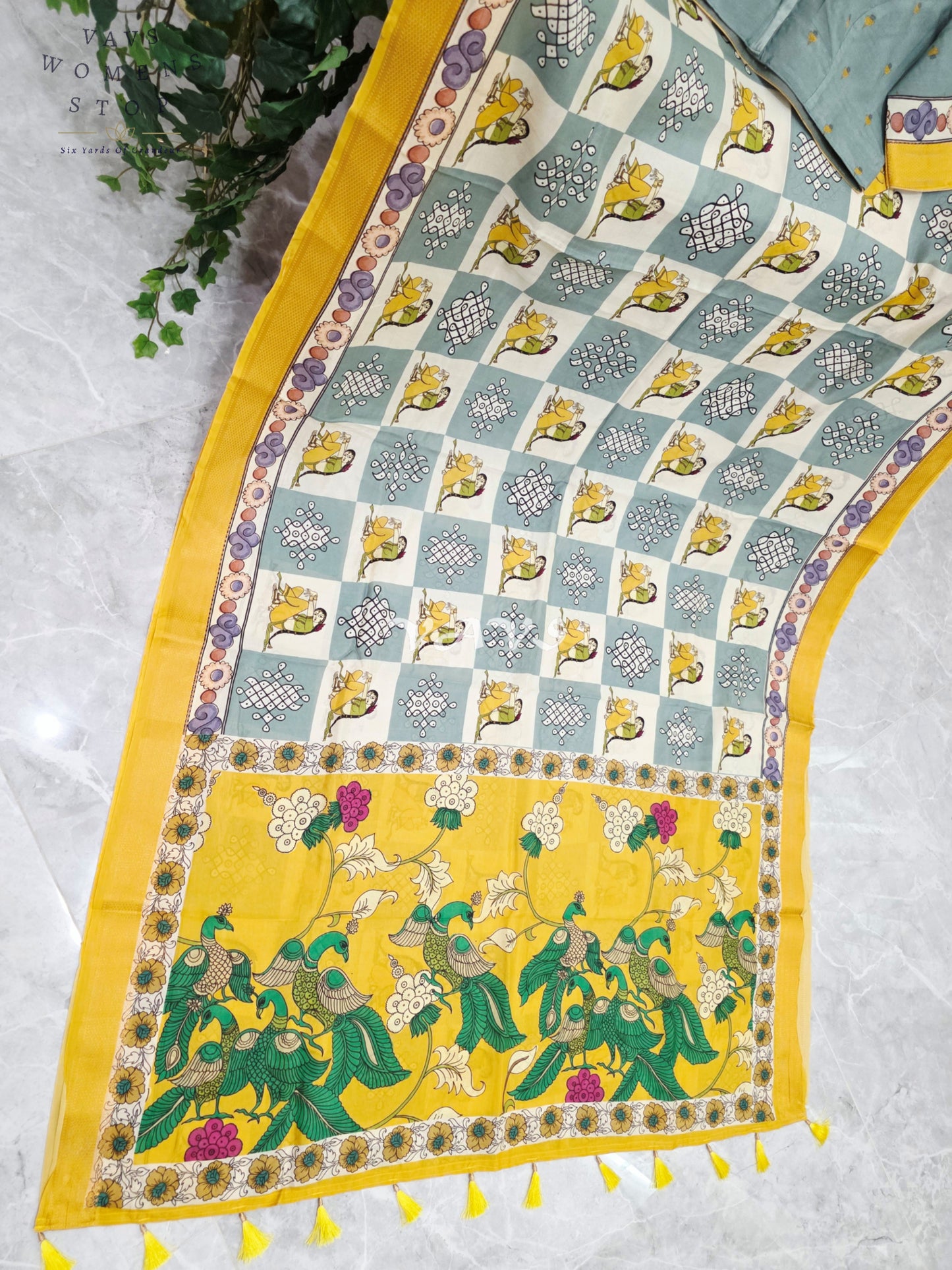 Regal Mist Blue & Pearl Ivory Kalamkari Silk Saree with Sunflower Yellow Nizam Border & Stitched Blouse Size 40-46