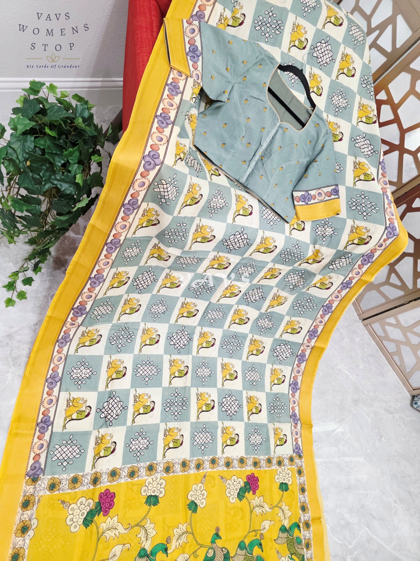 Regal Mist Blue & Pearl Ivory Kalamkari Silk Saree with Sunflower Yellow Nizam Border & Stitched Blouse Size 40-46