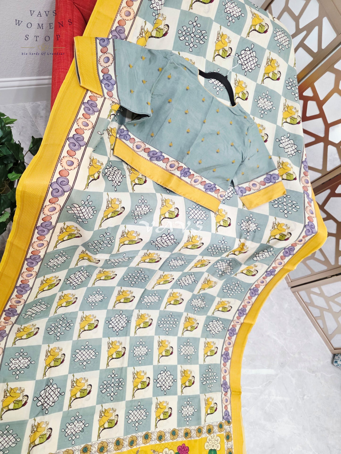 Regal Mist Blue & Pearl Ivory Kalamkari Silk Saree with Sunflower Yellow Nizam Border & Stitched Blouse Size 40-46