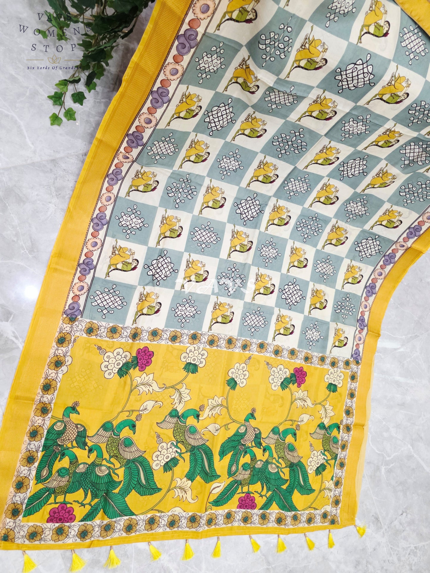 Regal Mist Blue & Pearl Ivory Kalamkari Silk Saree with Sunflower Yellow Nizam Border & Stitched Blouse Size 40-46