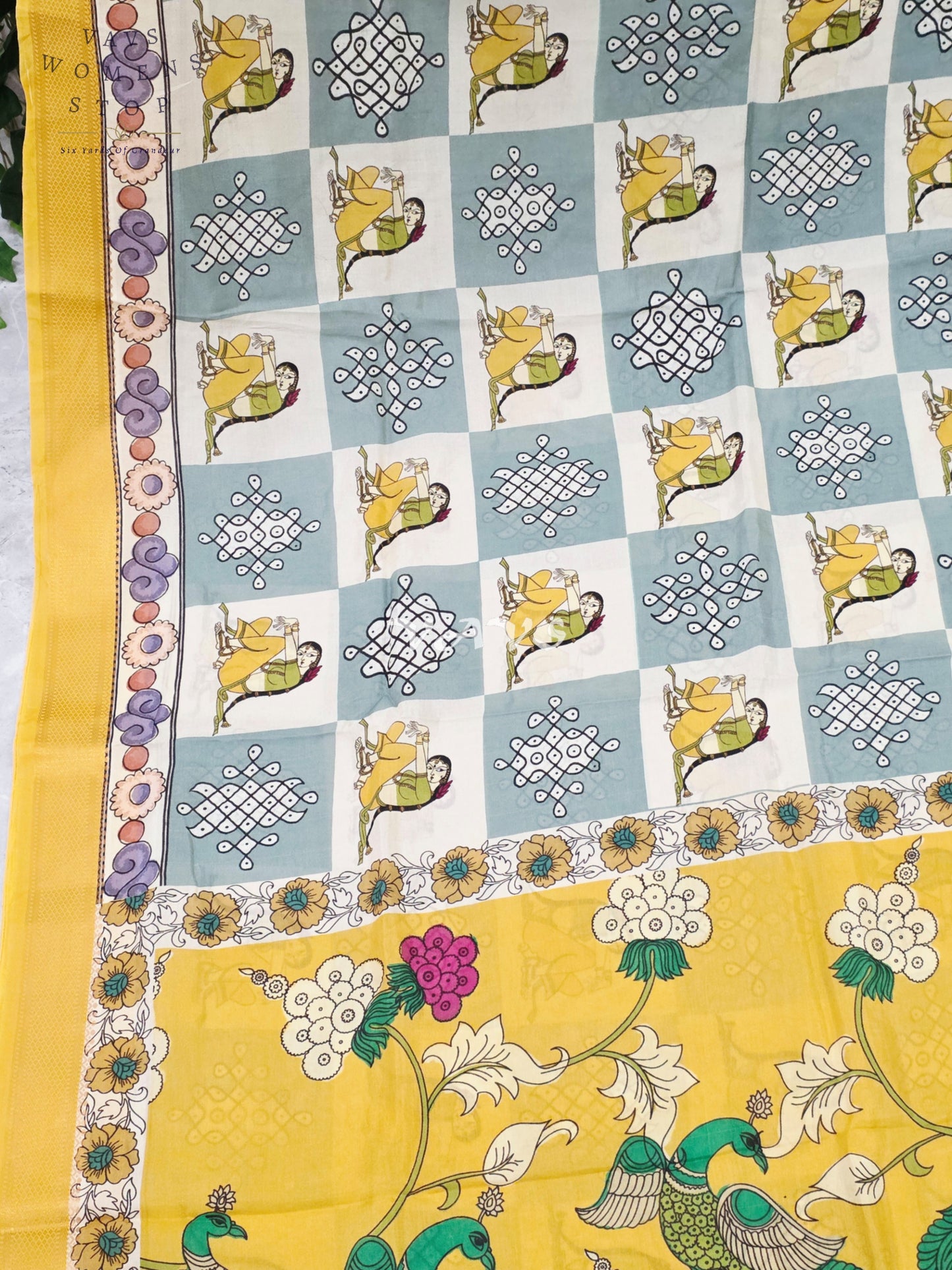 Regal Mist Blue & Pearl Ivory Kalamkari Silk Saree with Sunflower Yellow Nizam Border & Stitched Blouse Size 40-46