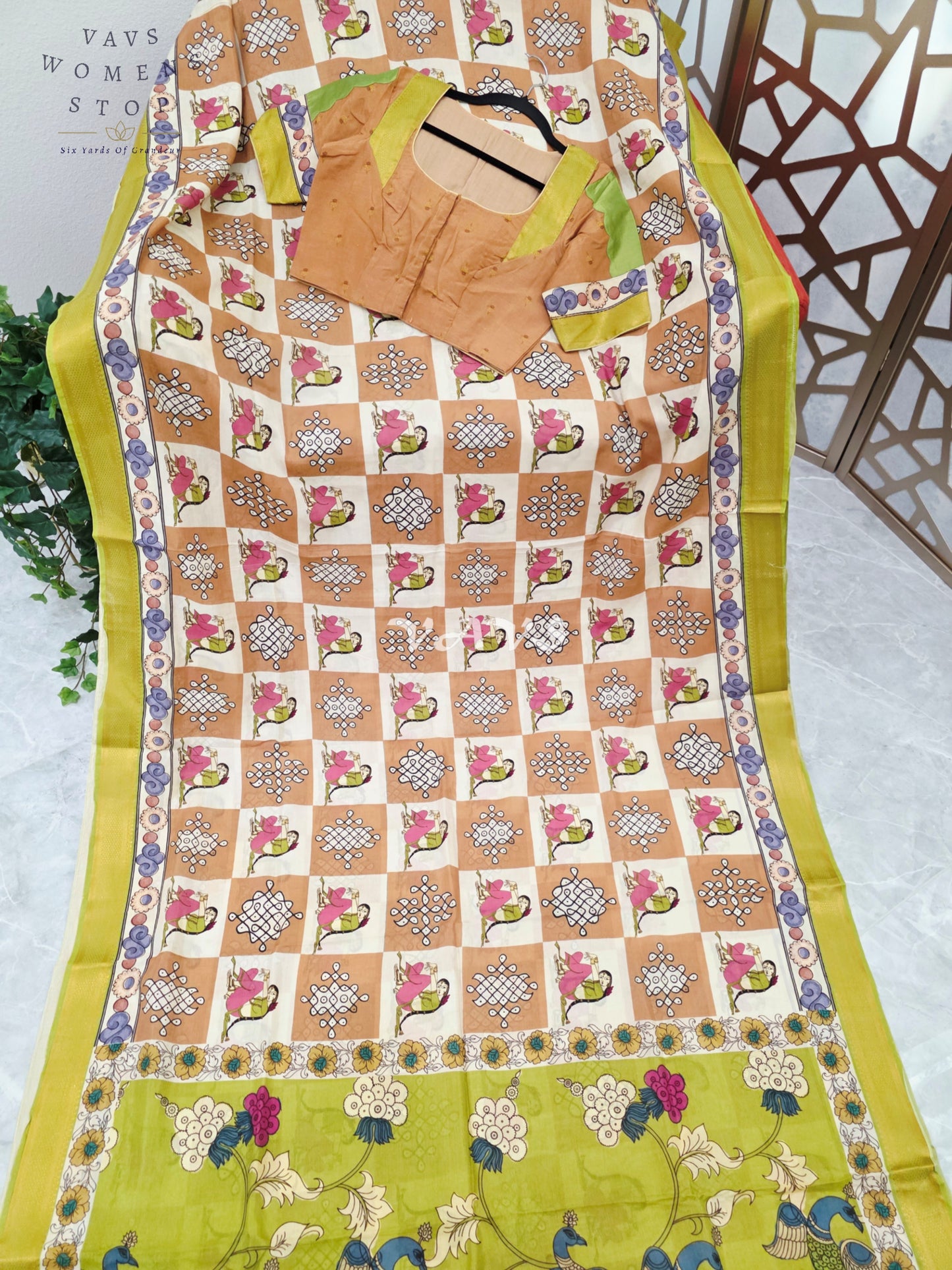 Regal Peach & Pearl Ivory Kalamkari Silk Saree with Lime Green Nizam Border & Peach Stitched Blouse Size 36-42