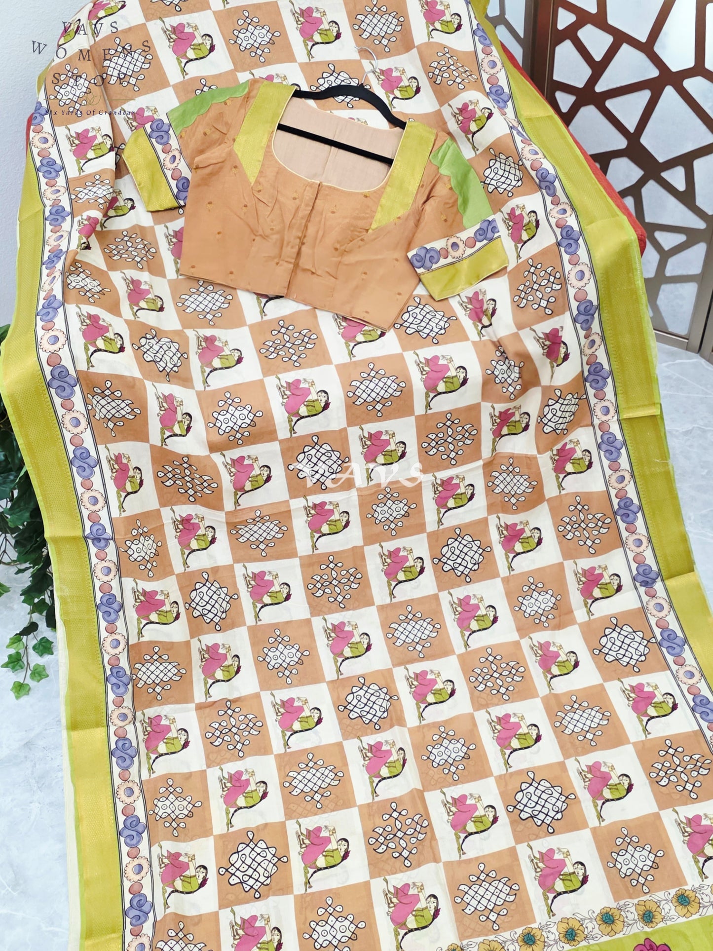 Regal Peach & Pearl Ivory Kalamkari Silk Saree with Lime Green Nizam Border & Peach Stitched Blouse Size 36-42