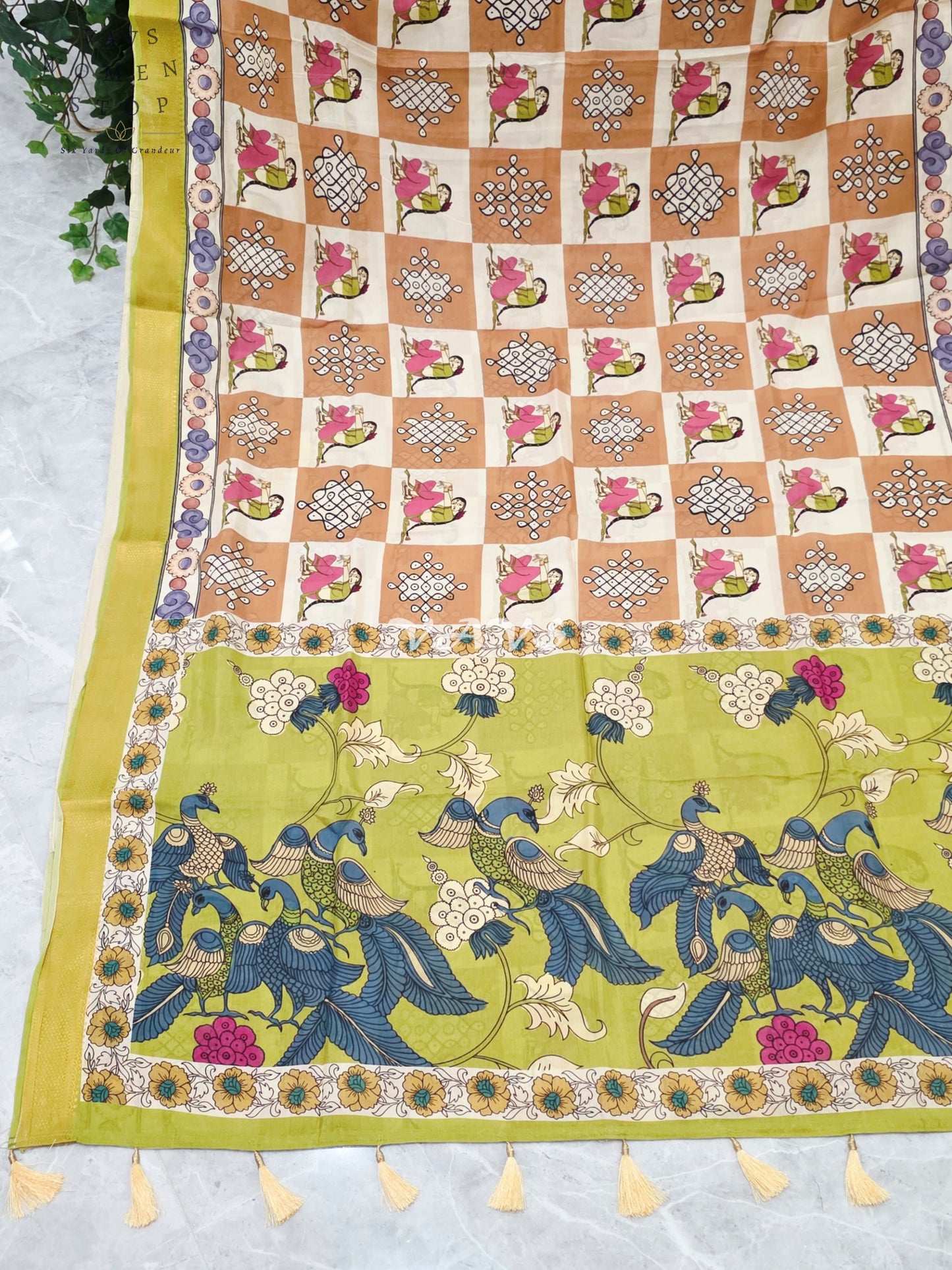 Regal Peach & Pearl Ivory Kalamkari Silk Saree with Lime Green Nizam Border & Peach Stitched Blouse Size 36-42