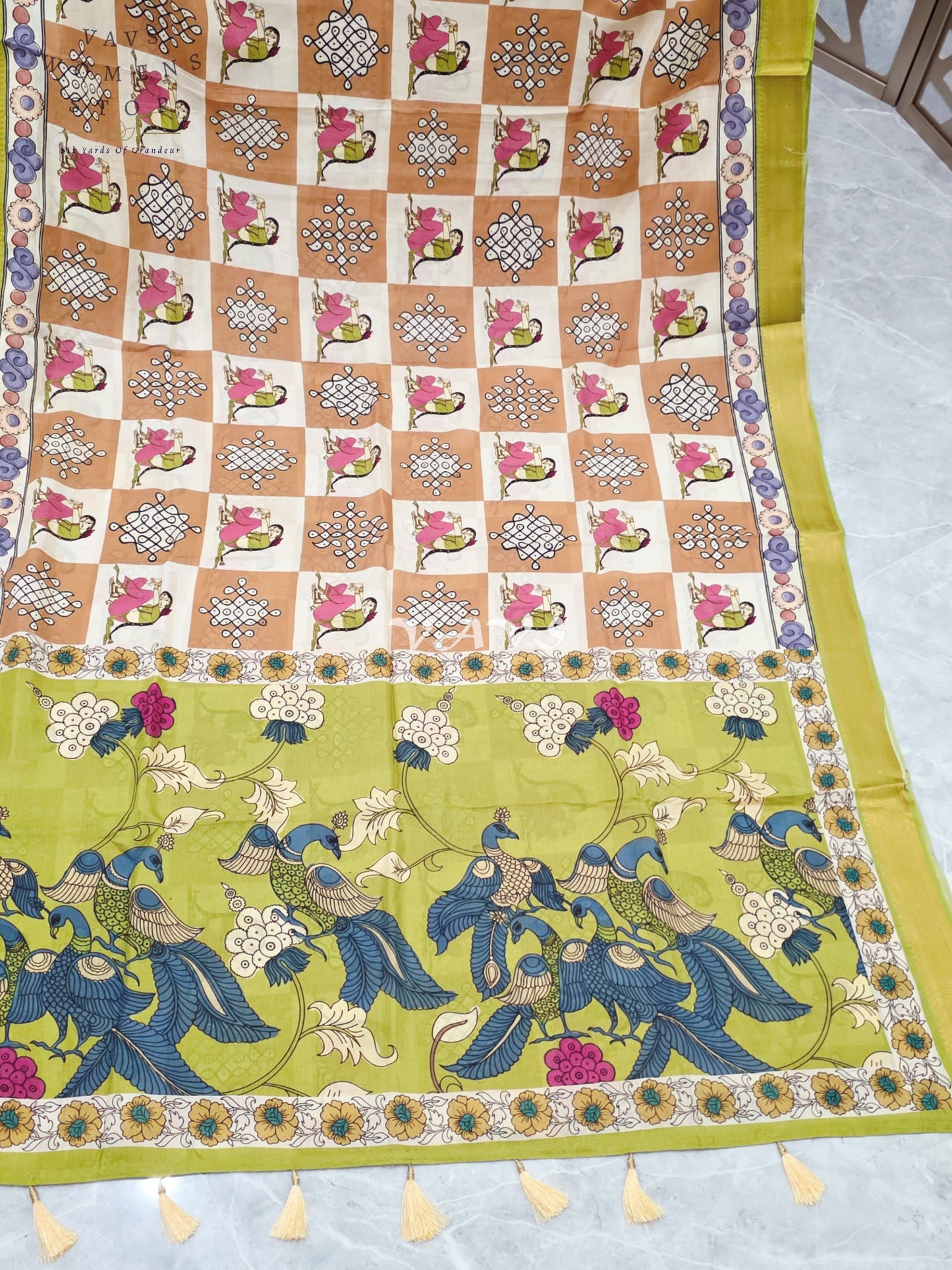 Regal Peach & Pearl Ivory Kalamkari Silk Saree with Lime Green Nizam Border & Peach Stitched Blouse Size 36-42