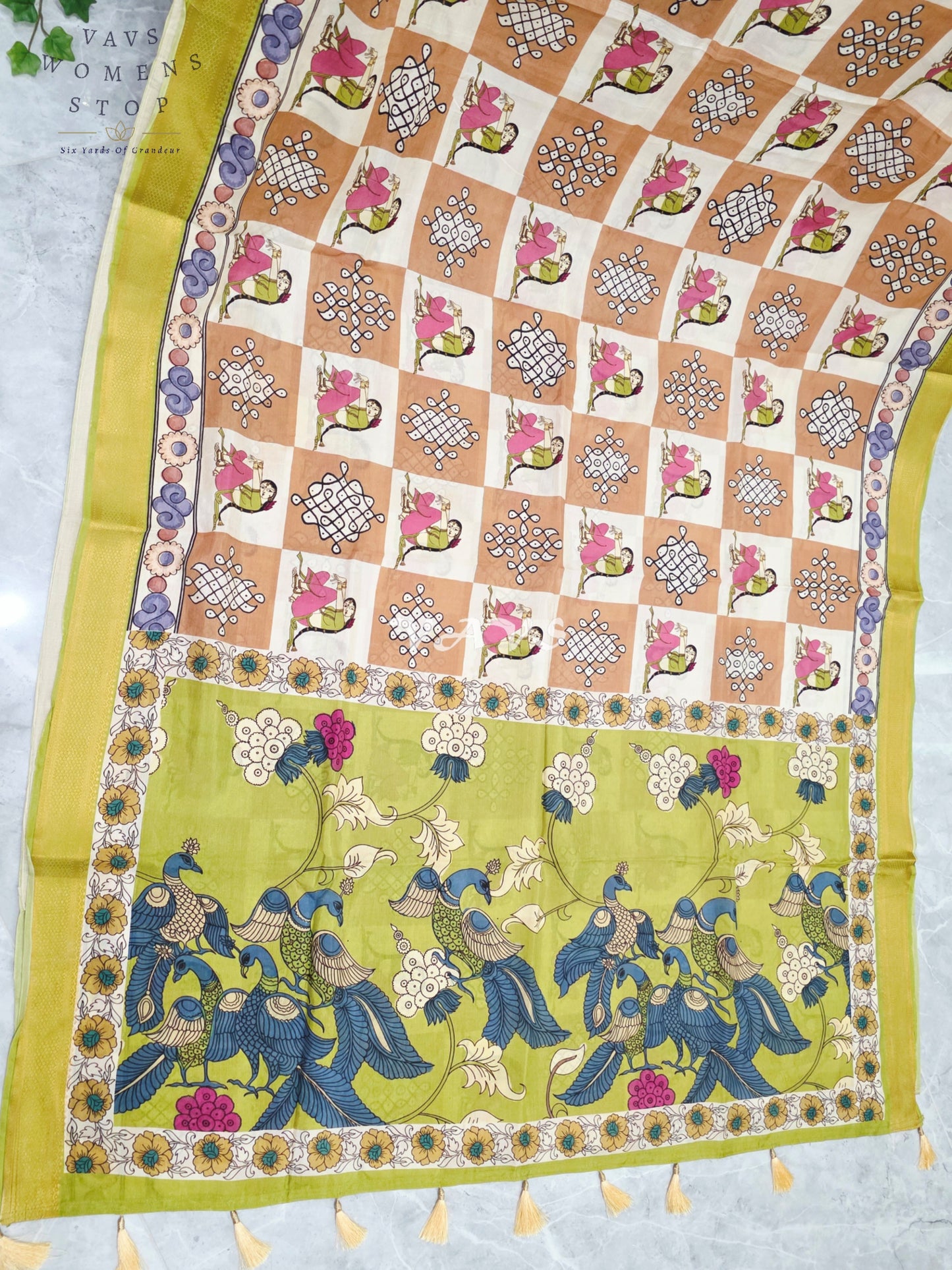Regal Peach & Pearl Ivory Kalamkari Silk Saree with Lime Green Nizam Border & Peach Stitched Blouse Size 36-42