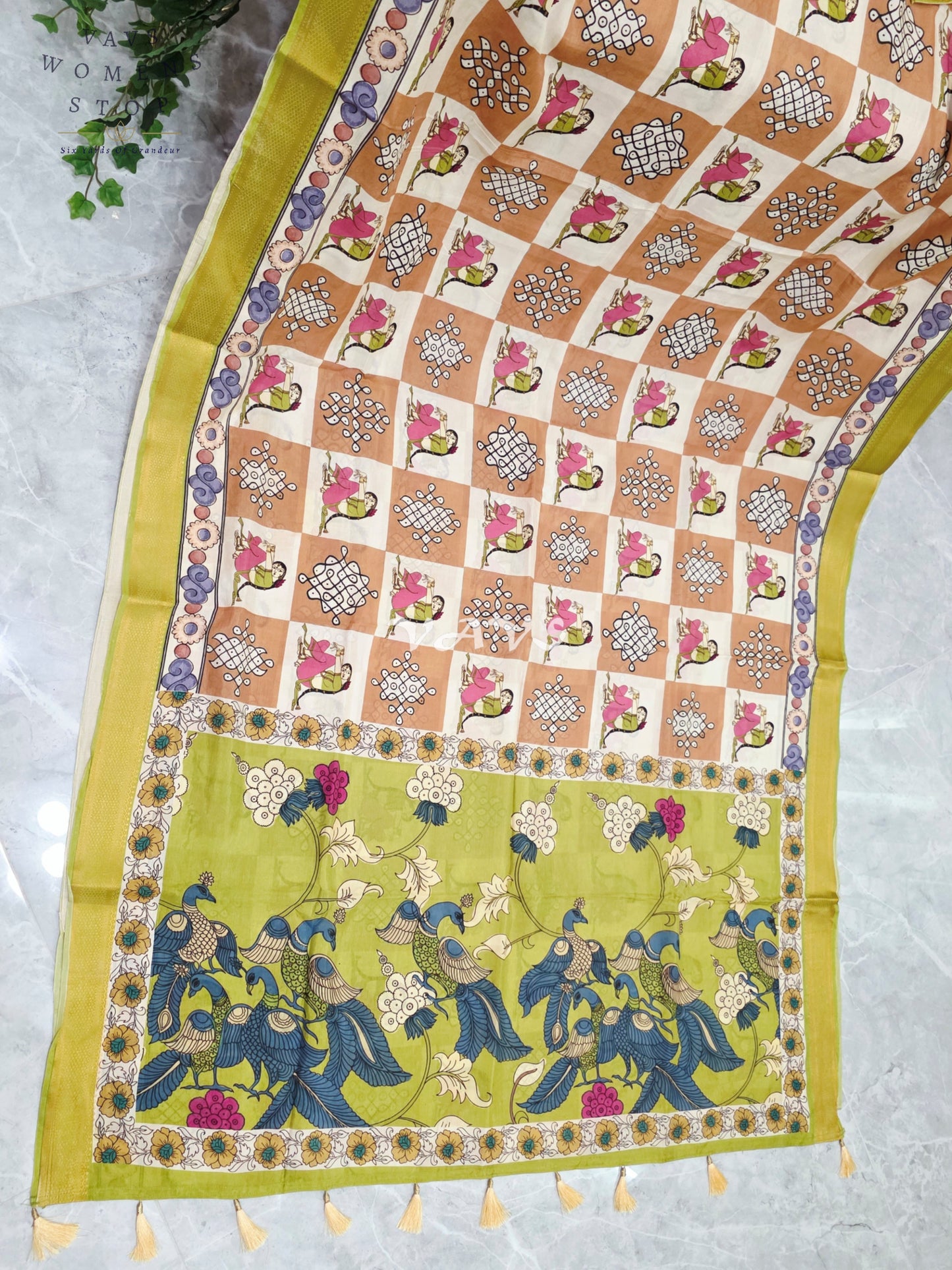Regal Peach & Pearl Ivory Kalamkari Silk Saree with Lime Green Nizam Border & Peach Stitched Blouse Size 36-42