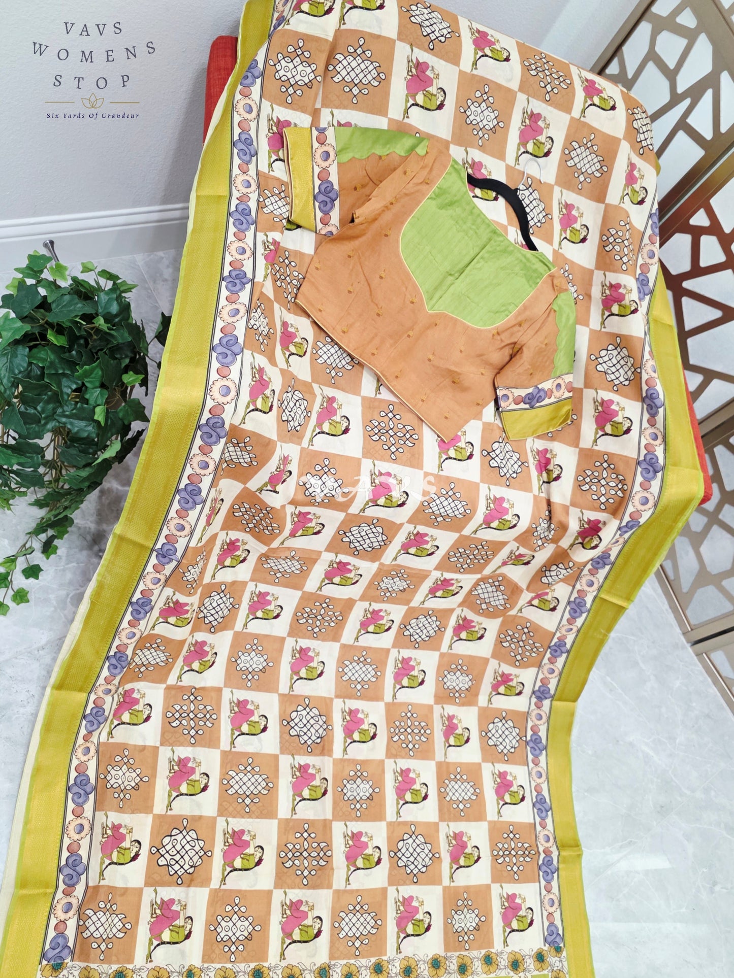 Regal Peach & Pearl Ivory Kalamkari Silk Saree with Lime Green Nizam Border & Peach Stitched Blouse Size 36-42