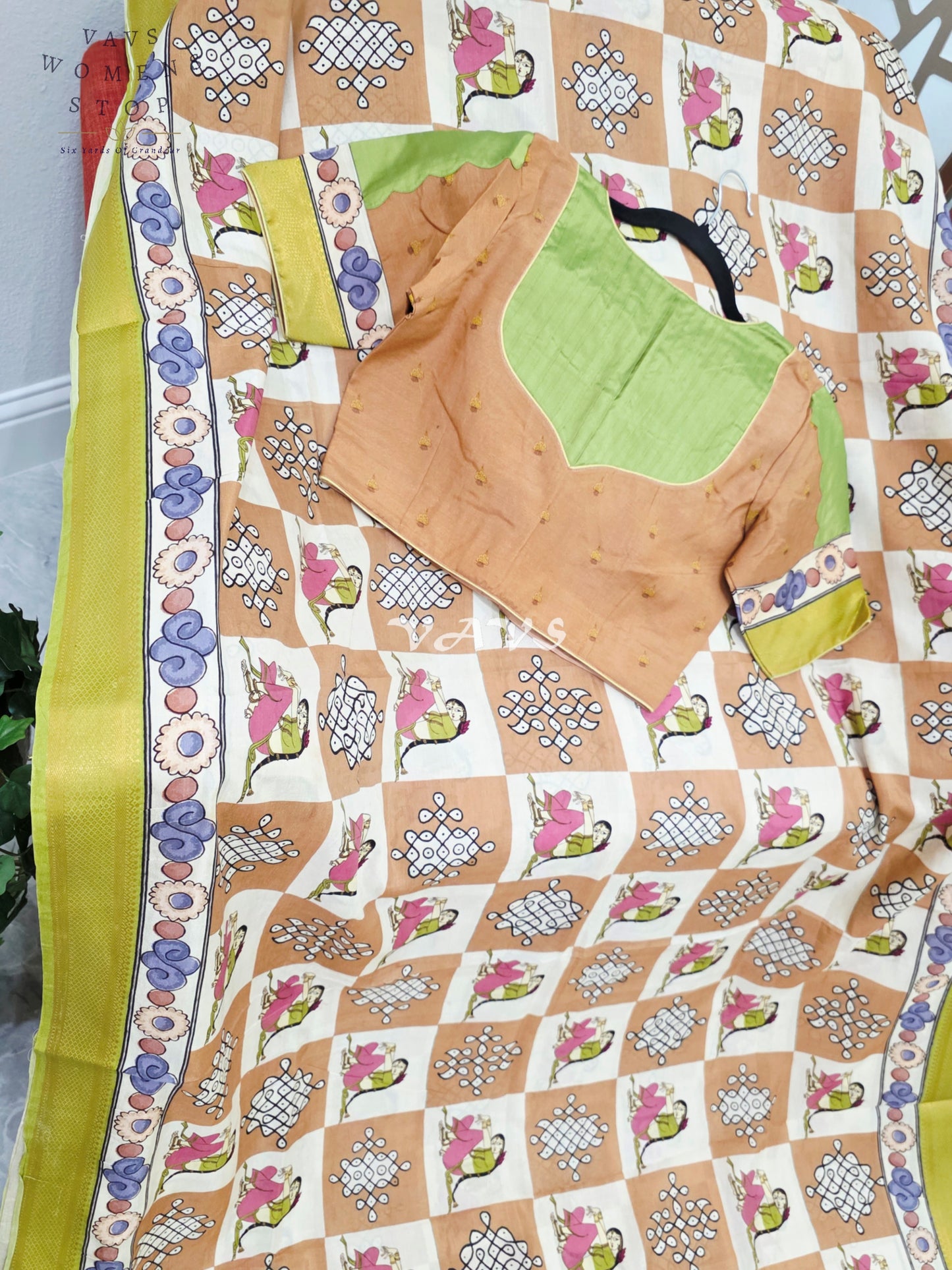 Regal Peach & Pearl Ivory Kalamkari Silk Saree with Lime Green Nizam Border & Peach Stitched Blouse Size 36-42