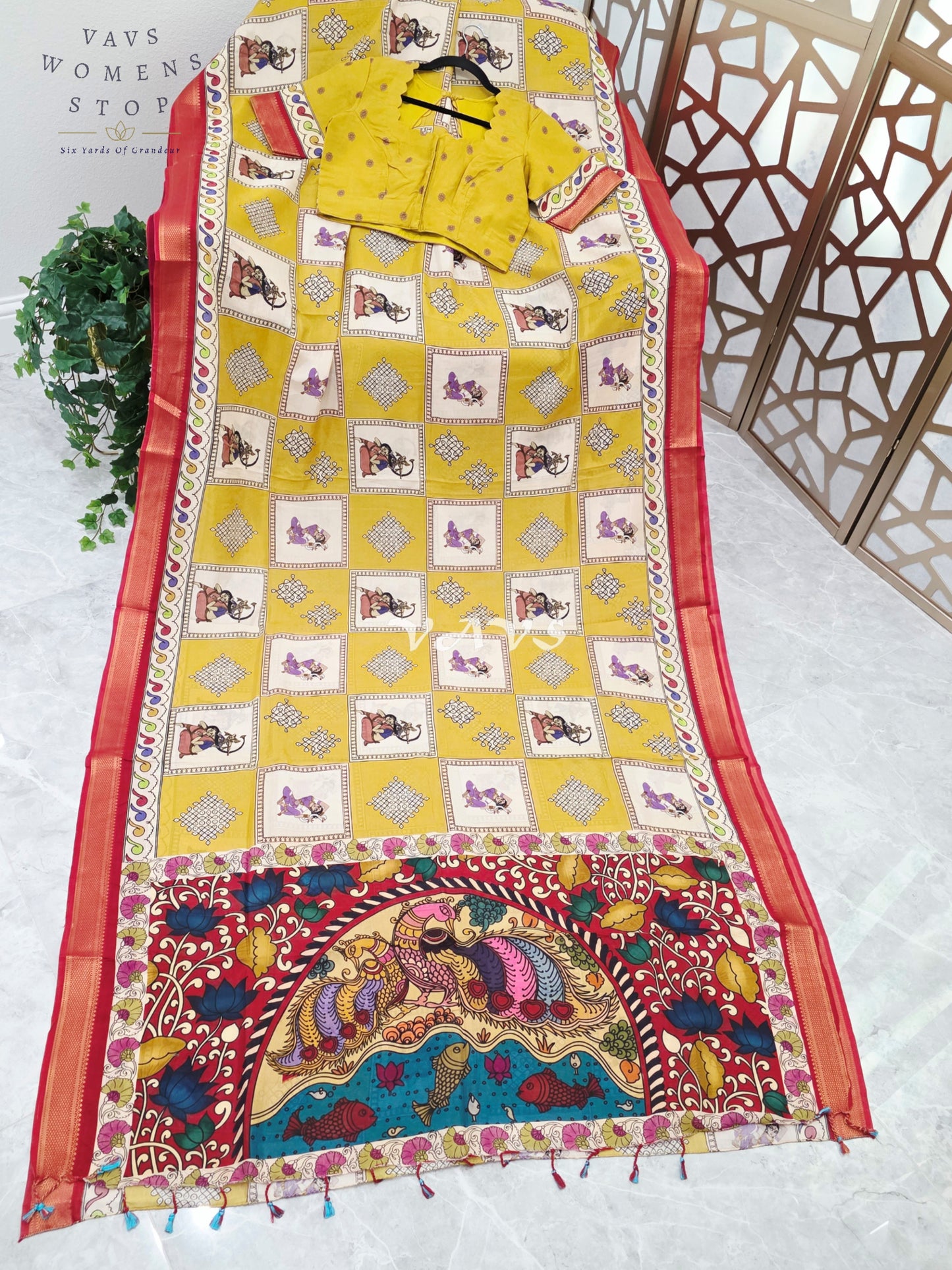 Regal Mehendi Lime Green & Ivory Kalamkari Silk Saree with Maroon Nizam Border & Stitched Blouse Size 38-44