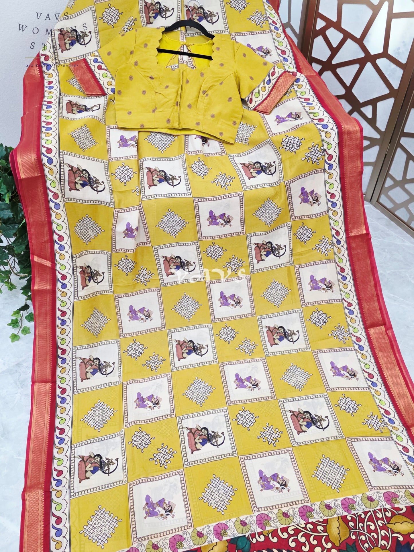 Regal Mehendi Lime Green & Ivory Kalamkari Silk Saree with Maroon Nizam Border & Stitched Blouse Size 38-44