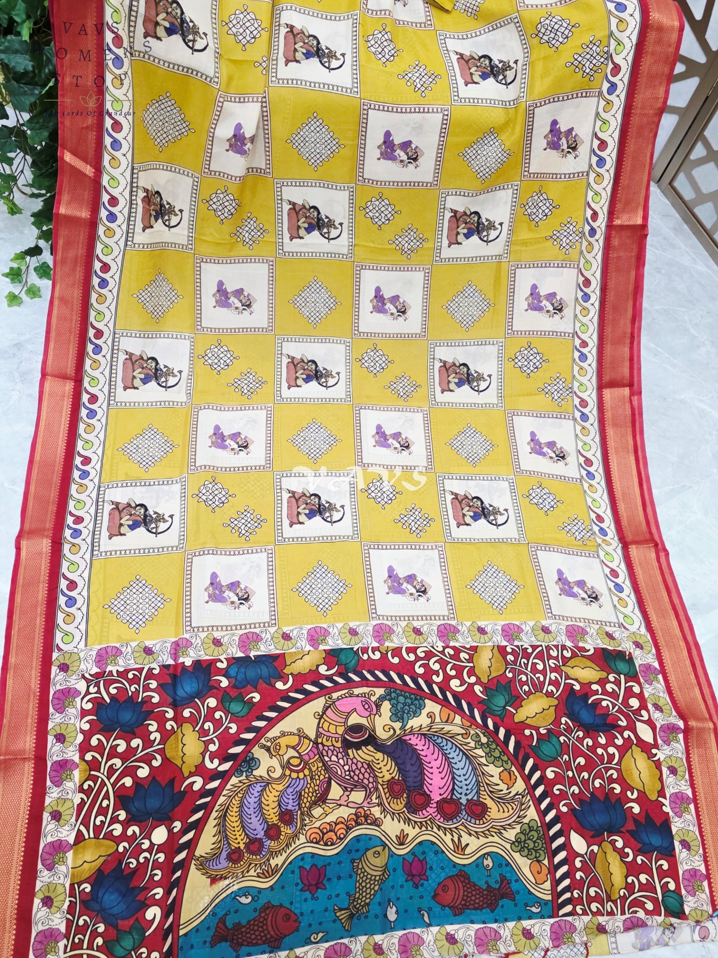 Regal Mehendi Lime Green & Ivory Kalamkari Silk Saree with Maroon Nizam Border & Stitched Blouse Size 38-44