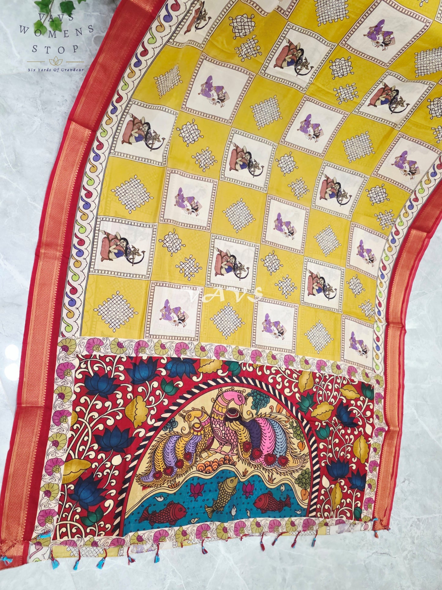 Regal Mehendi Lime Green & Ivory Kalamkari Silk Saree with Maroon Nizam Border & Stitched Blouse Size 38-44