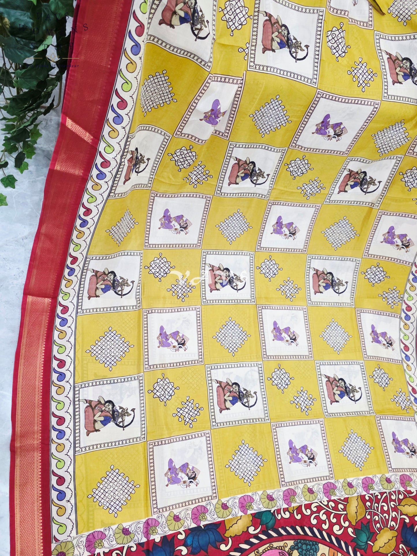 Regal Mehendi Lime Green & Ivory Kalamkari Silk Saree with Maroon Nizam Border & Stitched Blouse Size 38-44