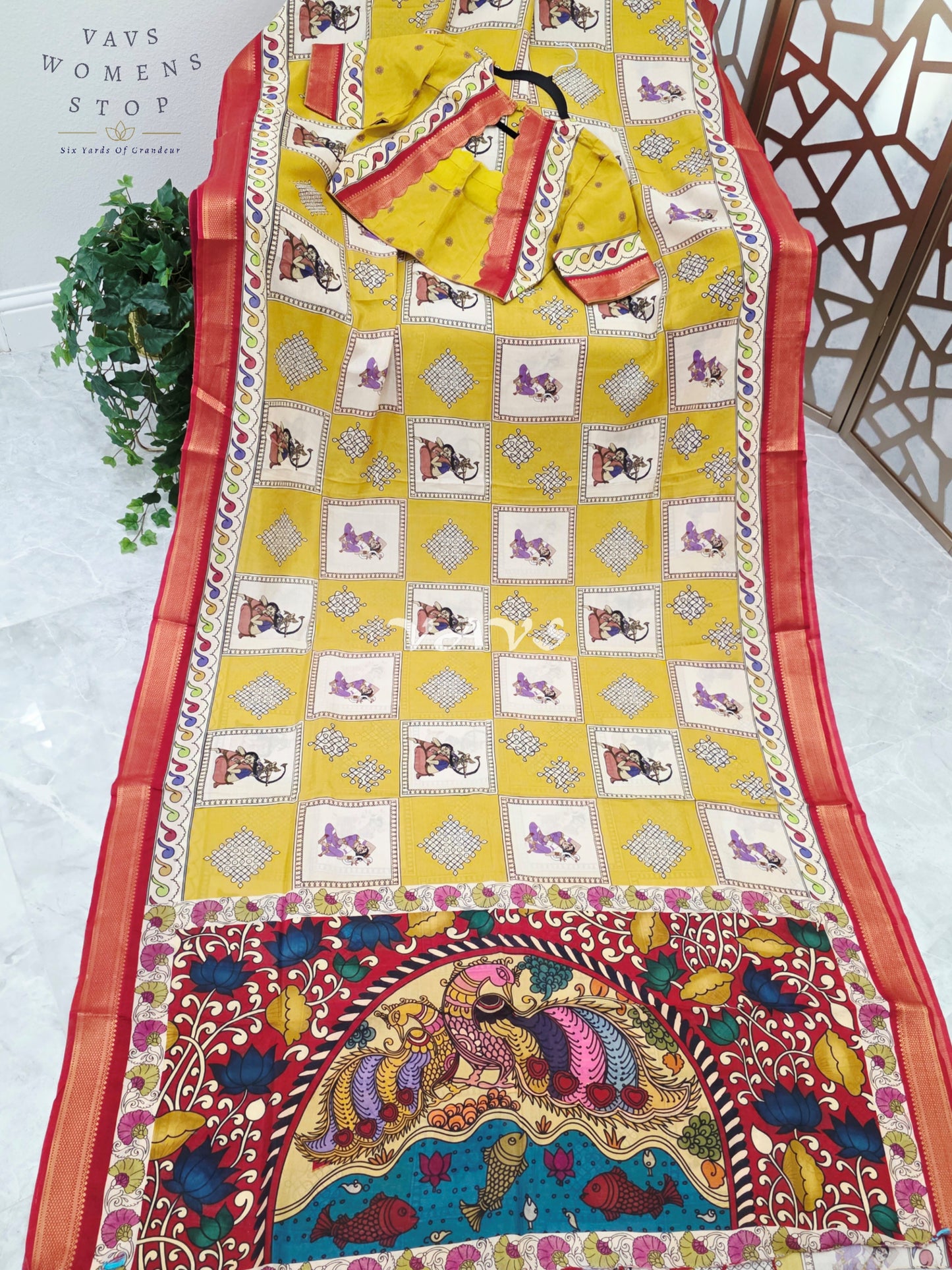 Regal Mehendi Lime Green & Ivory Kalamkari Silk Saree with Maroon Nizam Border & Stitched Blouse Size 38-44