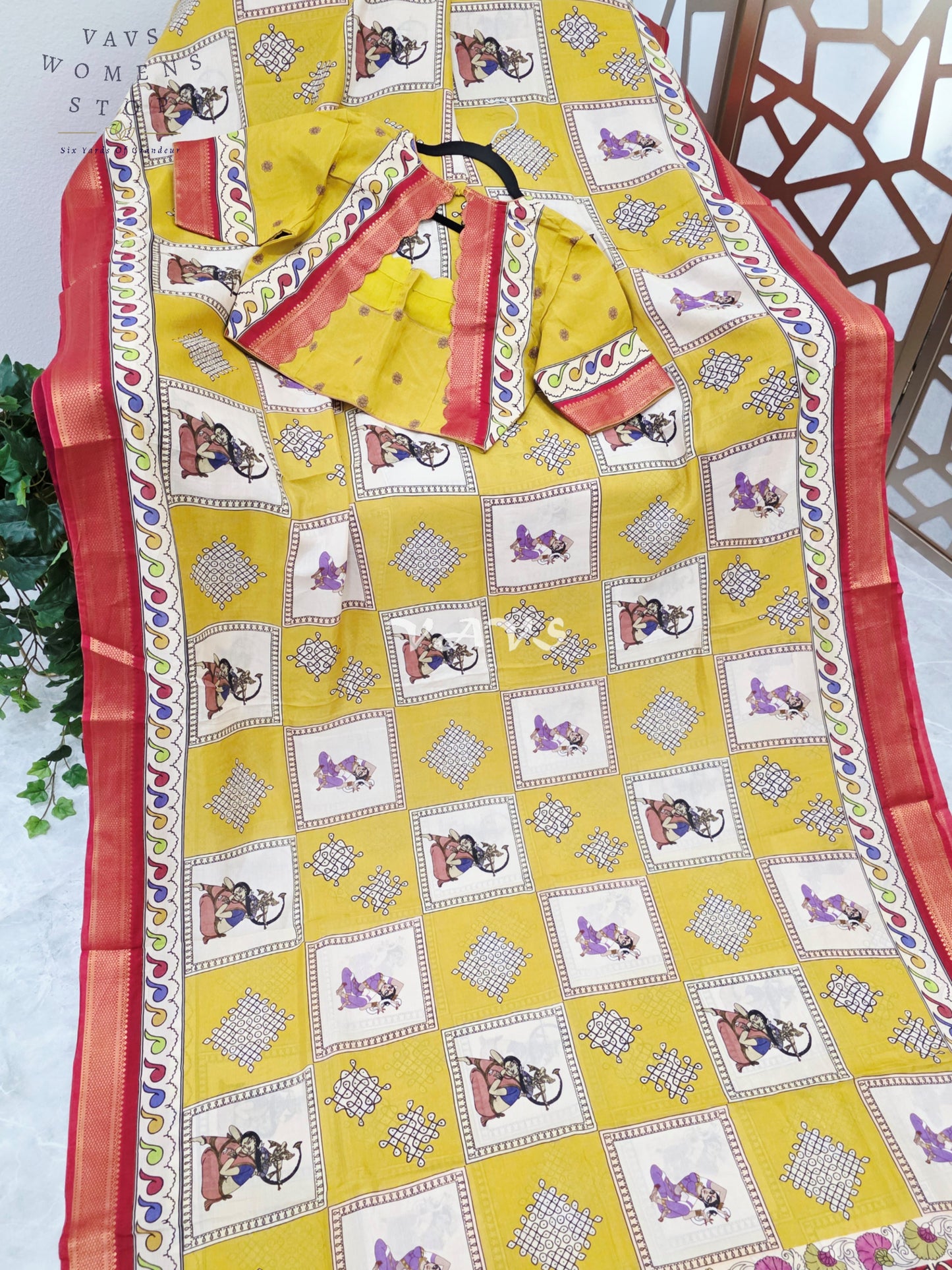 Regal Mehendi Lime Green & Ivory Kalamkari Silk Saree with Maroon Nizam Border & Stitched Blouse Size 38-44