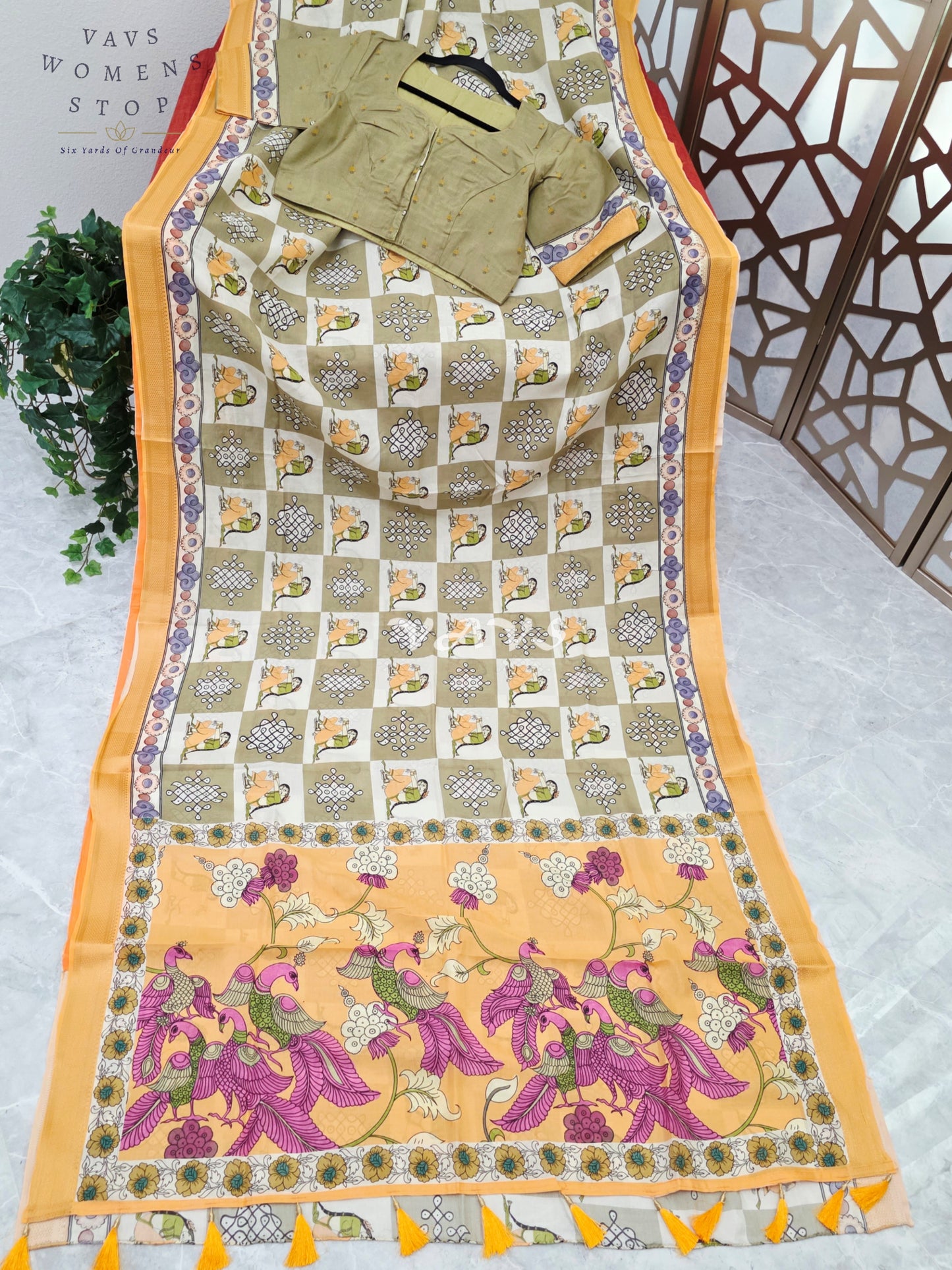 Regal Sage Olive & Pearl Ivory Kalamkari Silk Saree with Marigold Nizam Border & Stitched Blouse Size 42-48