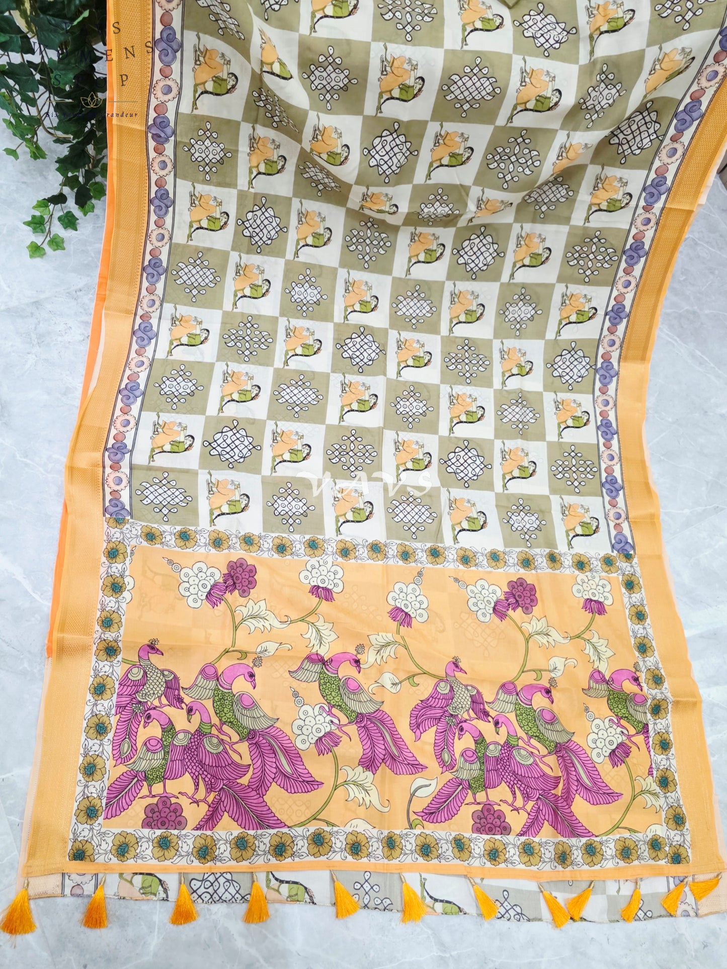 Regal Sage Olive & Pearl Ivory Kalamkari Silk Saree with Marigold Nizam Border & Stitched Blouse Size 42-48