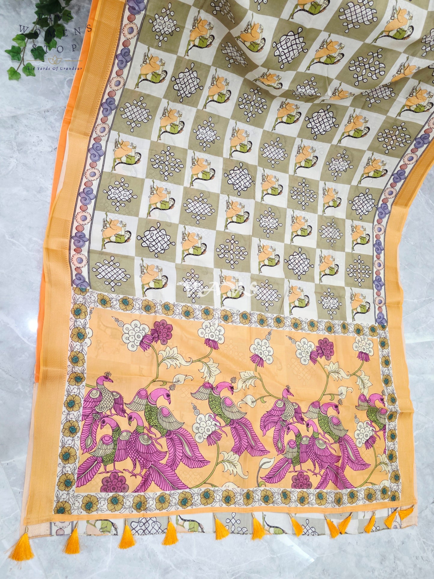 Regal Sage Olive & Pearl Ivory Kalamkari Silk Saree with Marigold Nizam Border & Stitched Blouse Size 42-48