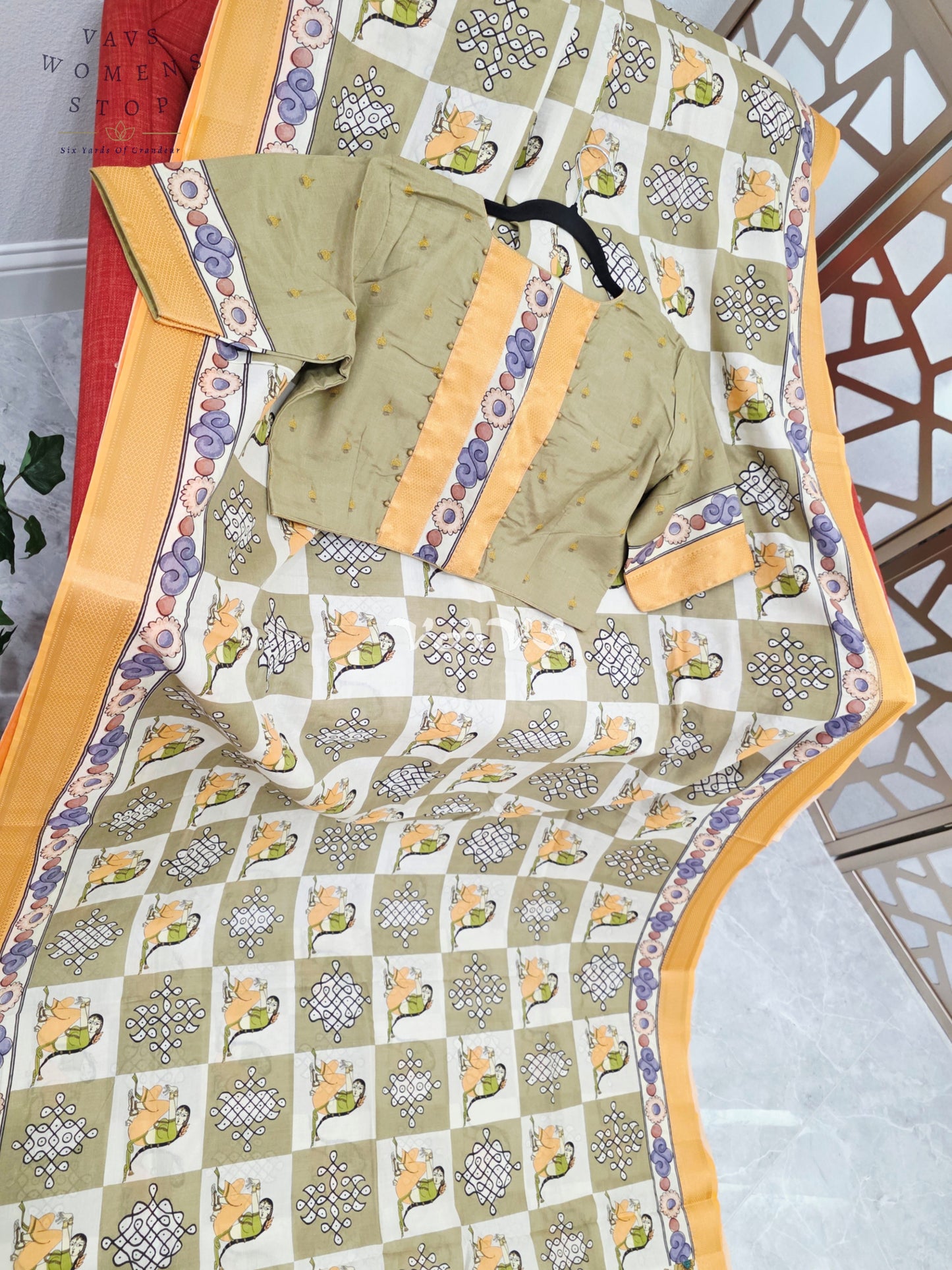Regal Sage Olive & Pearl Ivory Kalamkari Silk Saree with Marigold Nizam Border & Stitched Blouse Size 42-48