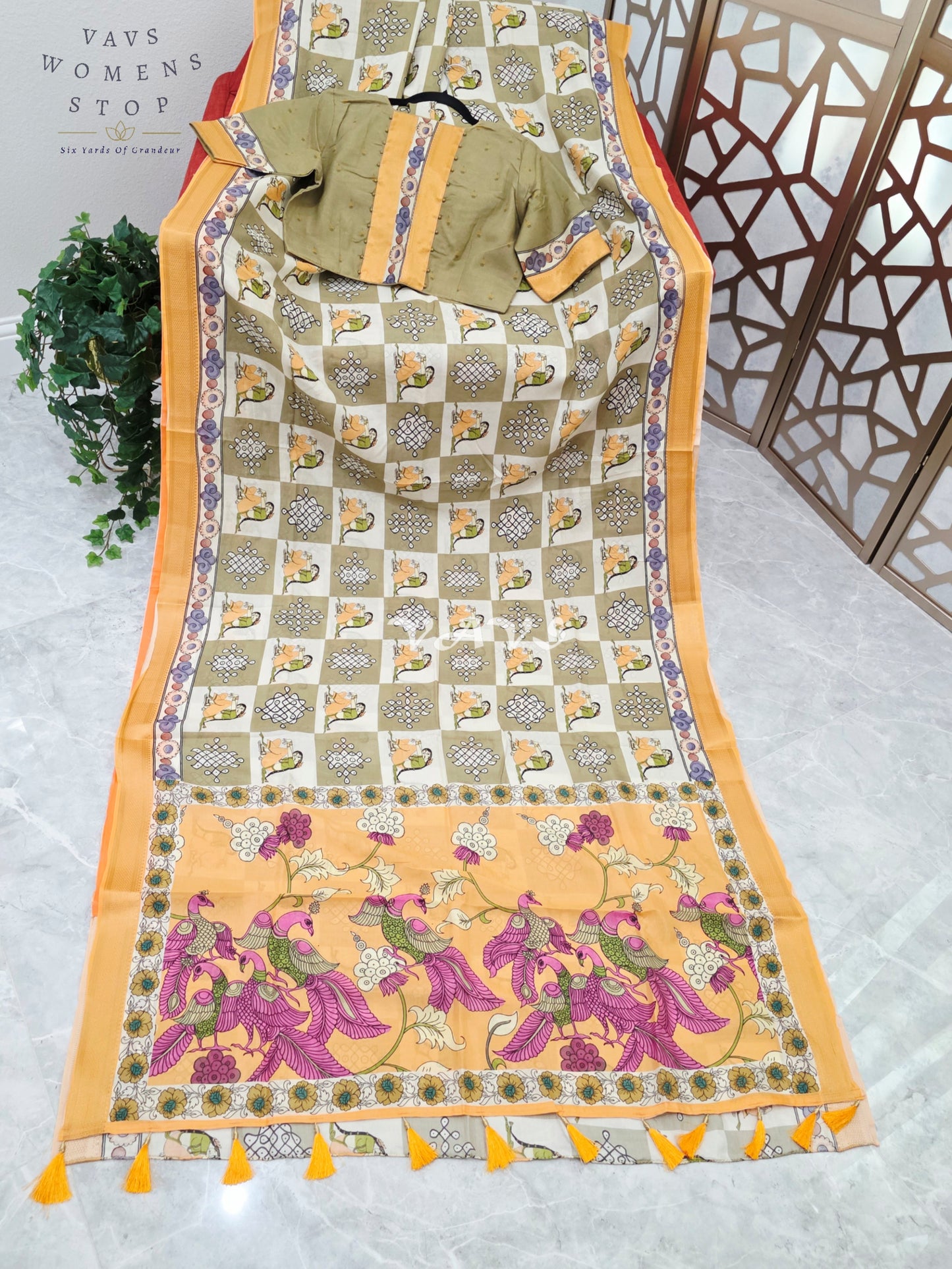 Regal Sage Olive & Pearl Ivory Kalamkari Silk Saree with Marigold Nizam Border & Stitched Blouse Size 42-48