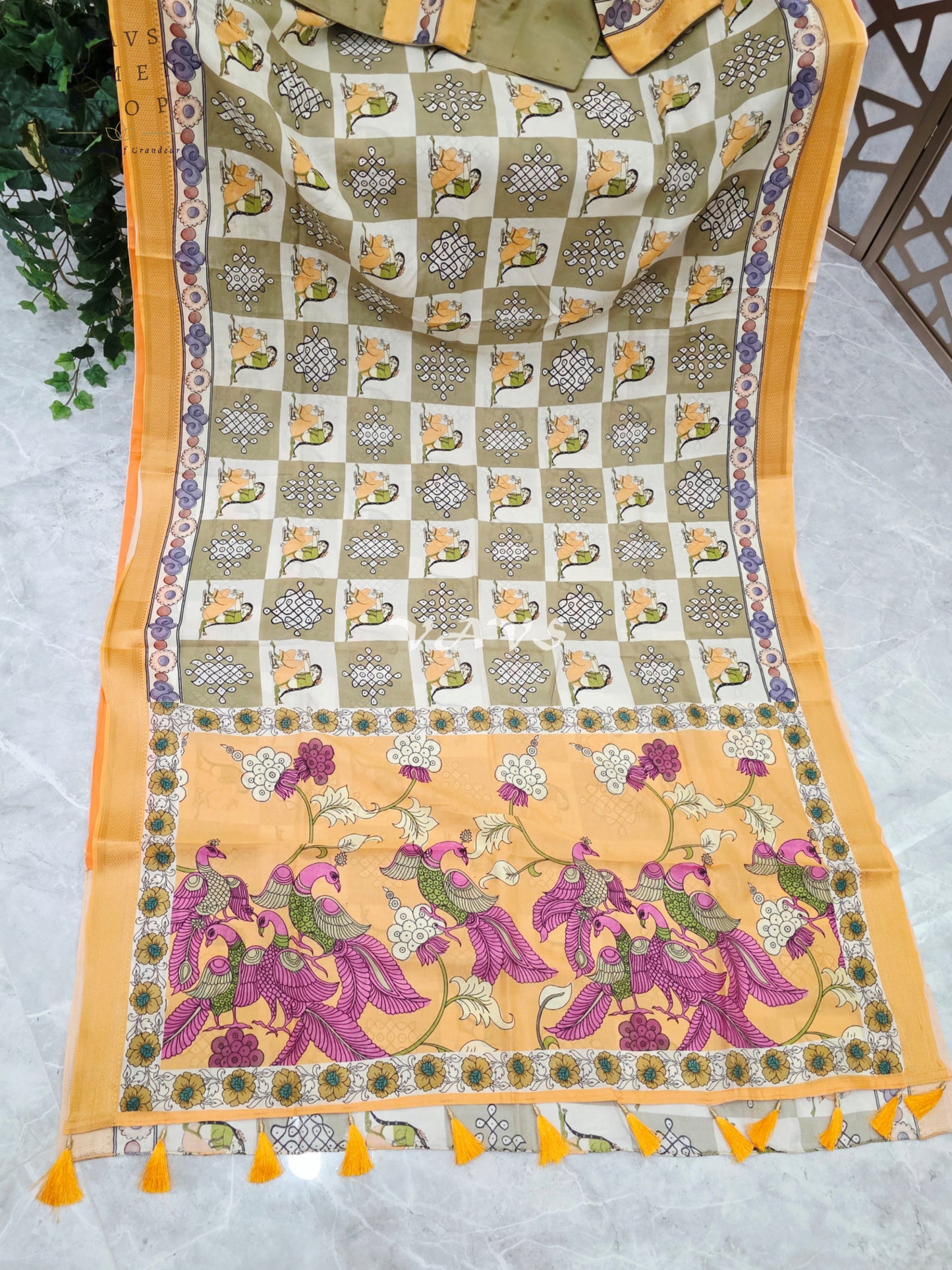 Regal Sage Olive & Pearl Ivory Kalamkari Silk Saree with Marigold Nizam Border & Stitched Blouse Size 42-48