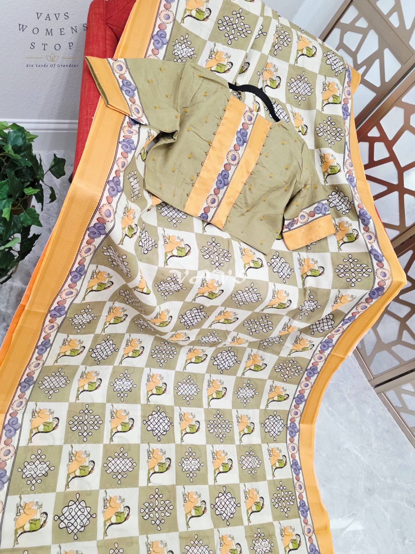 Regal Sage Olive & Pearl Ivory Kalamkari Silk Saree with Marigold Nizam Border & Stitched Blouse Size 42-48